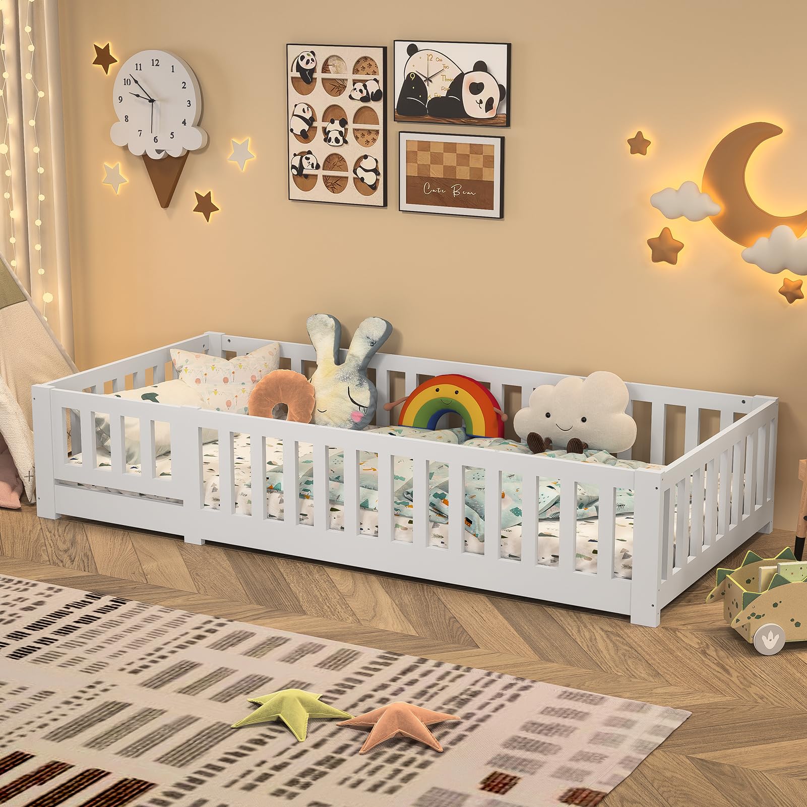 Cama infantil 90 x 200 cm con somier, marco de cama de madera con valla y puerta, cama Montessori con protección anticaídas, para niño y niña, color blanco