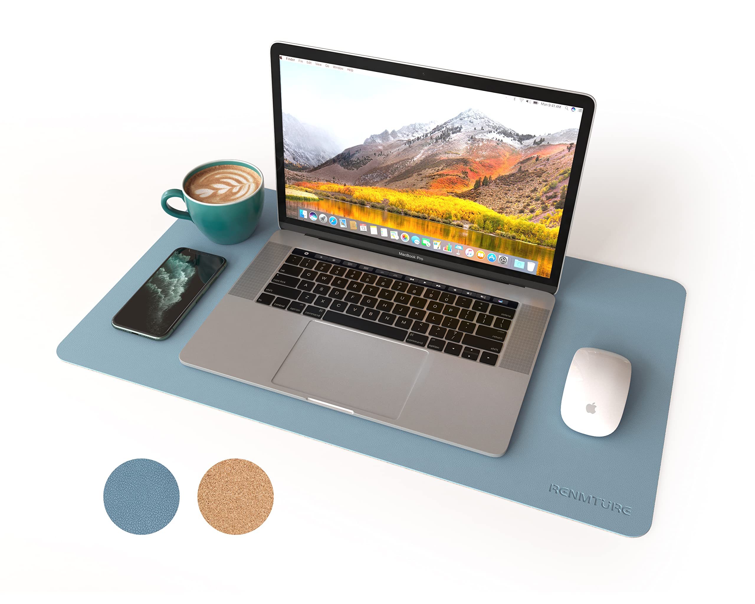 RENMTURE Dual-Sided Mouse Pad, Natural Cork & PU Leather Large Desk Pad for Office and Home Work, Desk Protector Non-Slip, Waterproof, Easy Clean (Blue Gray, 23.6" x 13.7") — image 1