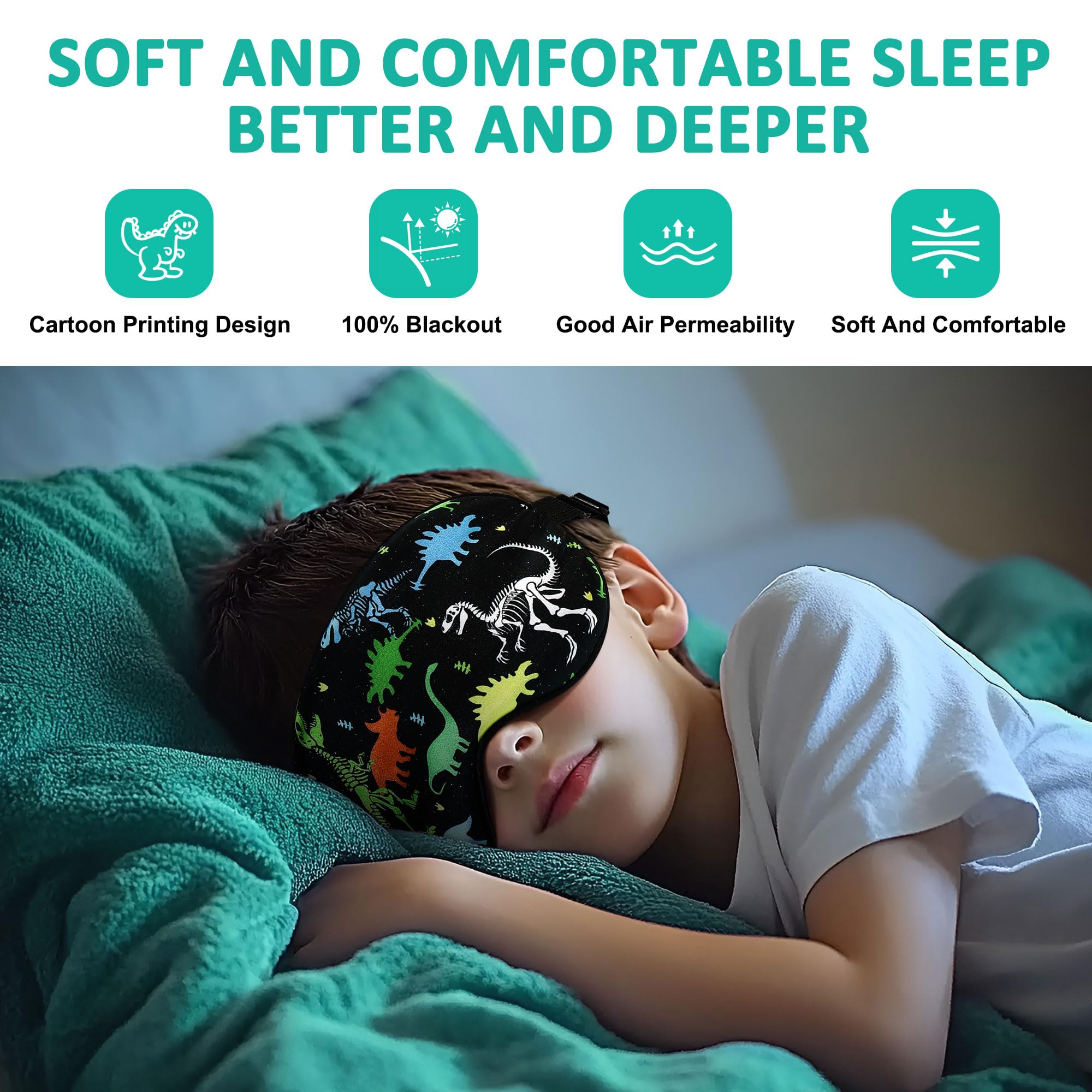 Confezione da 2 maschere per dormire per bambini, motivo dinosauro, simpatiche mascherine per dormire, con cinghia regolabile, oscurante, per bambini e adolescenti, per chi dorme sul fianco, casa