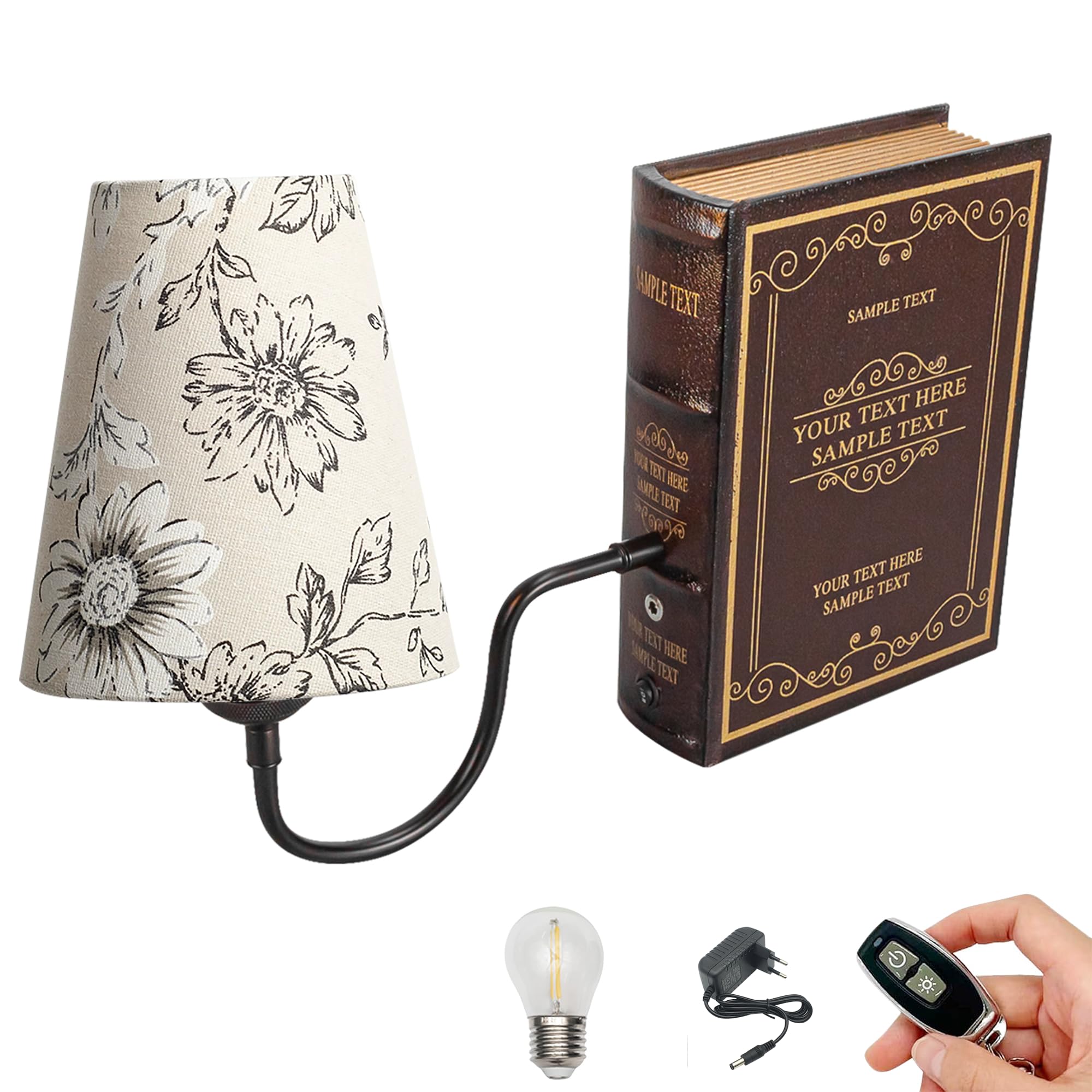 LED Buchlampe mit Fernbedienung, Vintage Dimmbar Nachttischlampe mit Stoffschirm 1xE27-Fassung, Wiederaufladbare Tischlampe Zeitschaltuhr für Nachttisch Beistelltisch DZ0365-MDH