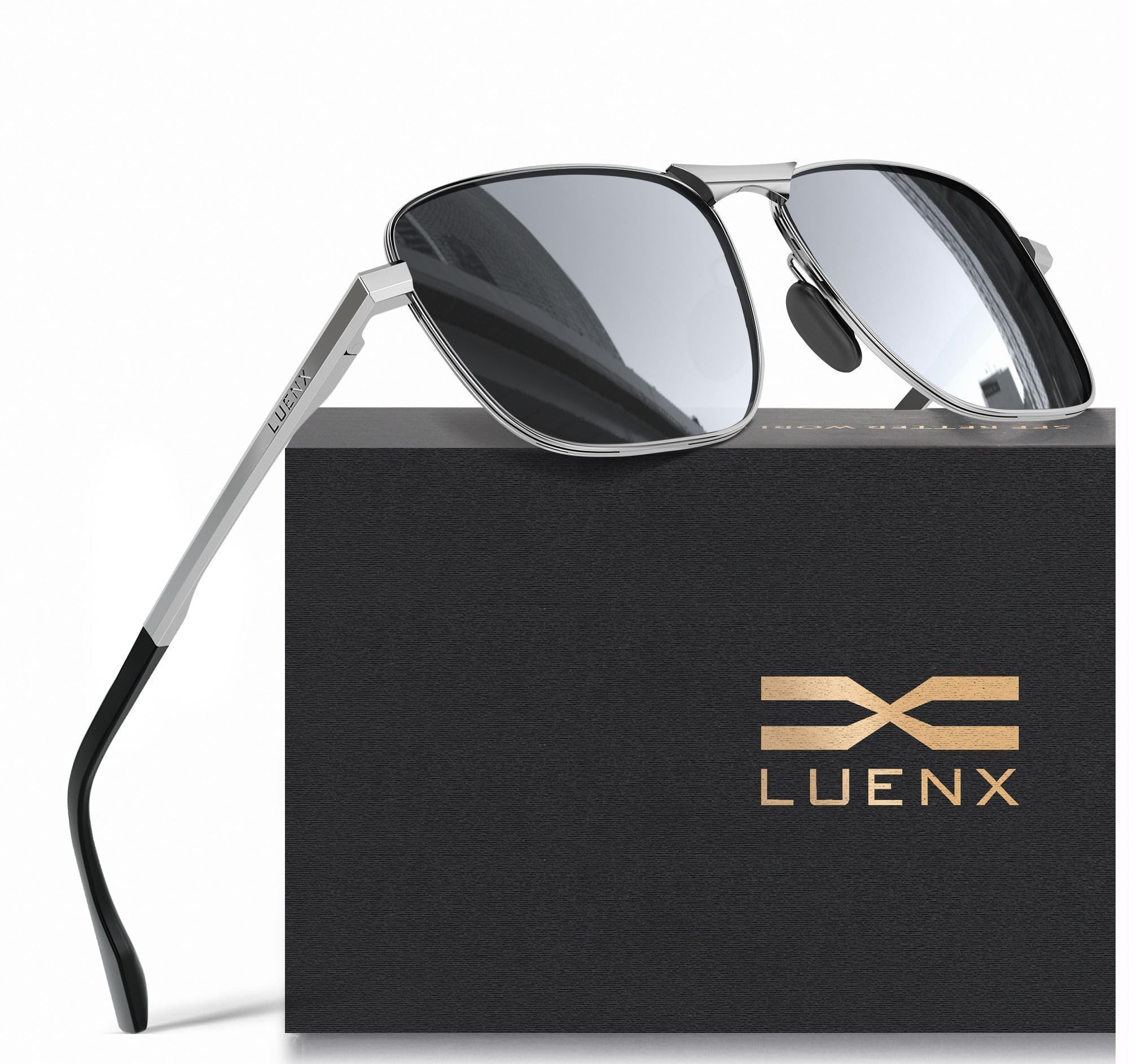 LUENX Rectangular Polarized Aviator Sunglasses for Men Retro Pilot Shades Driving UV400 Protection