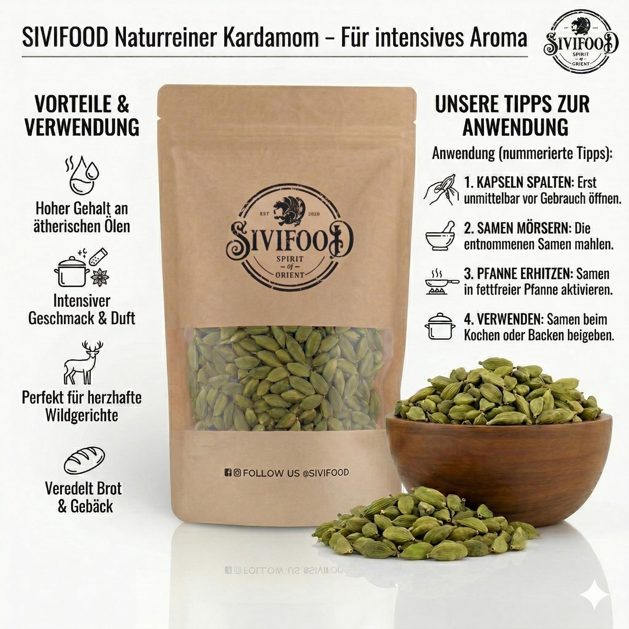 SIVIFOOD Cardamomo verde intero in capsule 250g – Naturale e selezionato a mano – 100% puro e non trattato – Spezia aromatica di alta qualità per cucina e infusi – Qualità premium