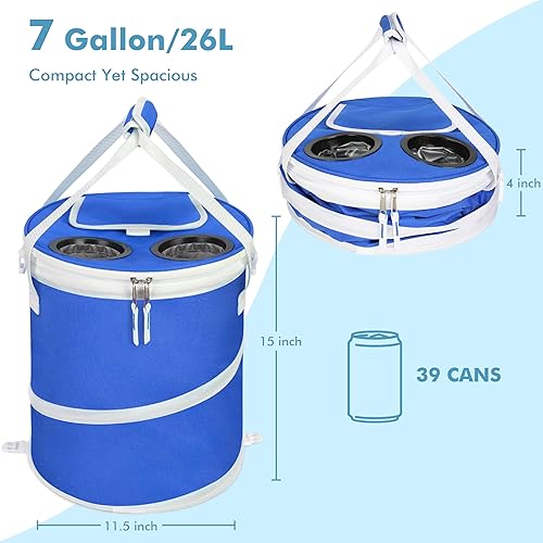 Miniatura 2 de Tirrinia Hielera grande emergente, hielera plegable aislada con mesa plana para bebidas, enfriador redondo ligero y portátil para viajes, pesca,