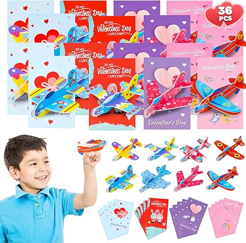 Miniatura 9 de TOY Life 36 piezas de regalos del día de San Valentín para el aula de niños, tarjetas del día de San Valentín con aviones de espuma para la escuela