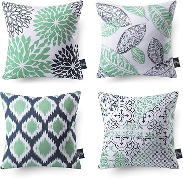 Set of 4 New Living Series Leaf Geometric Blue and Coffee Throw Decorative Pillow Cover Cushion Cover 18 x 18 inches
