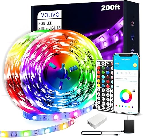 VOLIVO Tira de luces LED de 200 pies, control por aplicación, tira de luz LED Bluetooth sincronizada con música, luces LED que cambian de color para