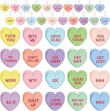 Heart Shape Wood Hanging Ornaments - 40Pcs Colorful Mean Conversation Heart Wooden Hanging Decorations with Rope for Anniversary Date Party Gifts Office Home Store Decor