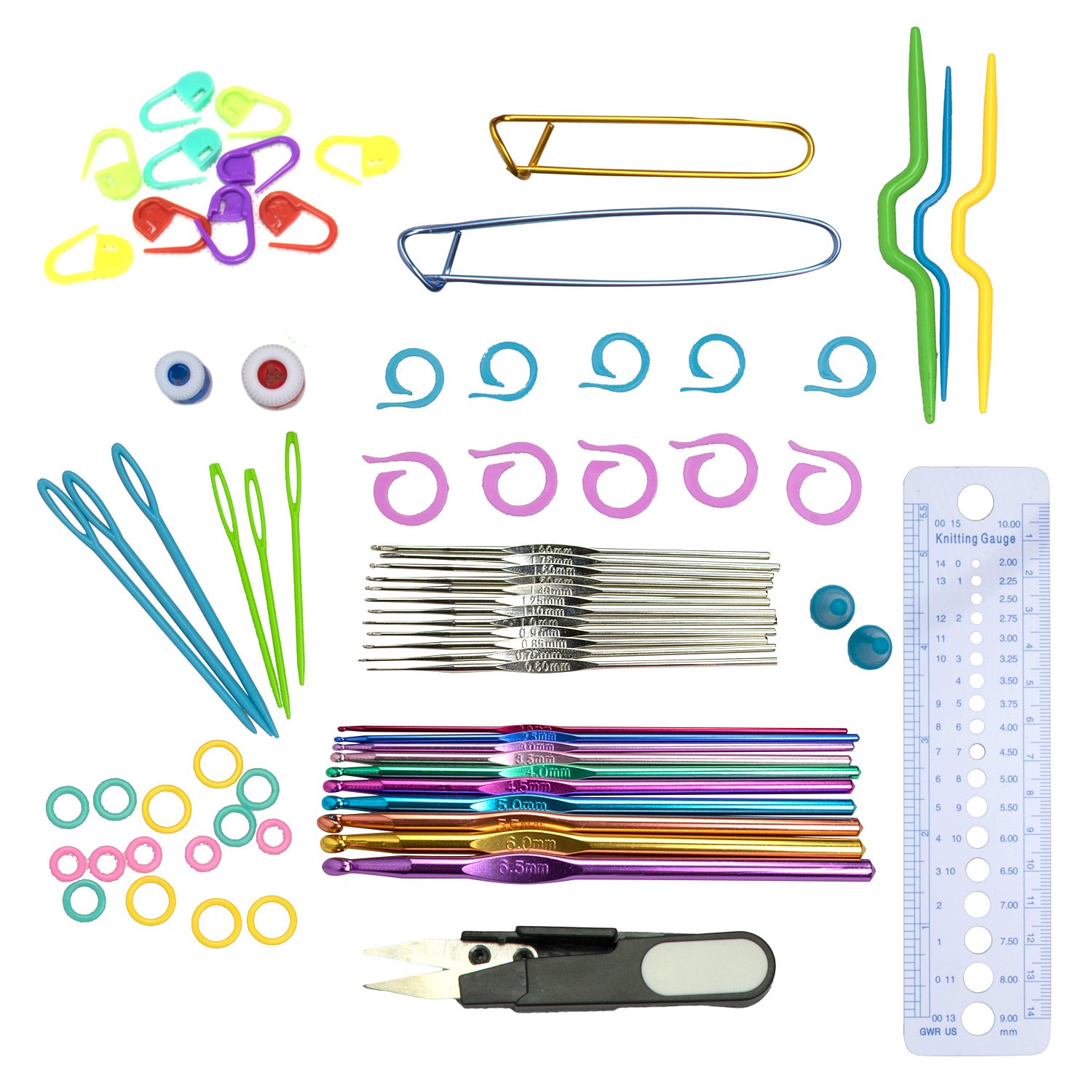 LIHAO 75 Piece Crochet Hooks Yarn Knitting Needles Stitch Markers Gauge Ruler Scissors Gift Set