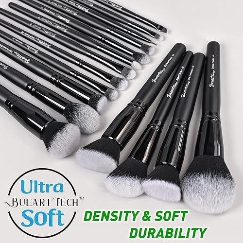 Miniatura 3 de Bueart Design Juego de brochas de maquillaje de cabello denso con etiqueta negra ultra suave, contiene polvo grande, base plana, mezcla definitiva,
