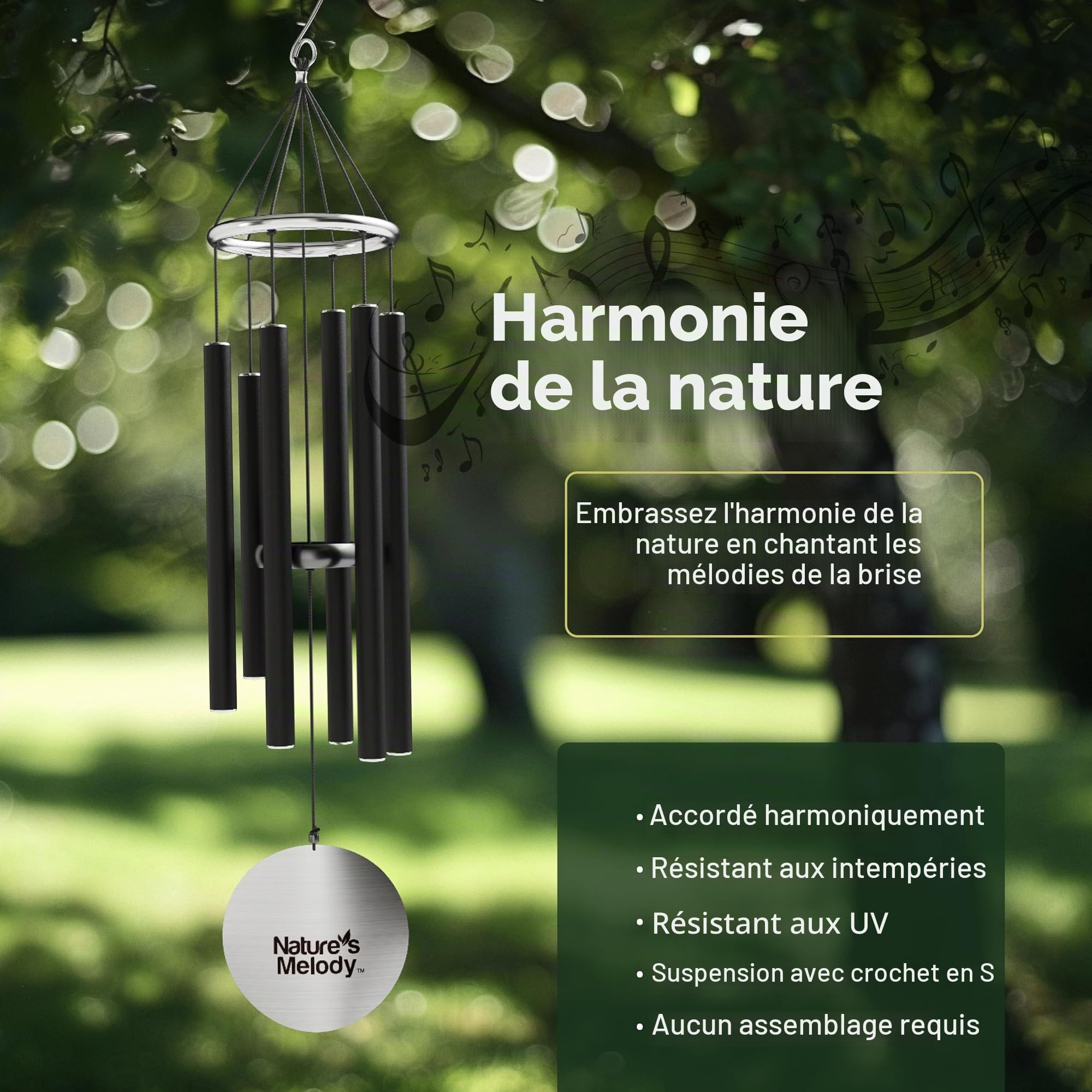 Nature's Melody Aureole Tunes Carillon à vent d'extérieur, 6 tubes, gamme pentatonique de Do, aluminium inoxydable, finition poudrée, crochet en S, pour condoléances, cadeau commémoratif, jardin zen