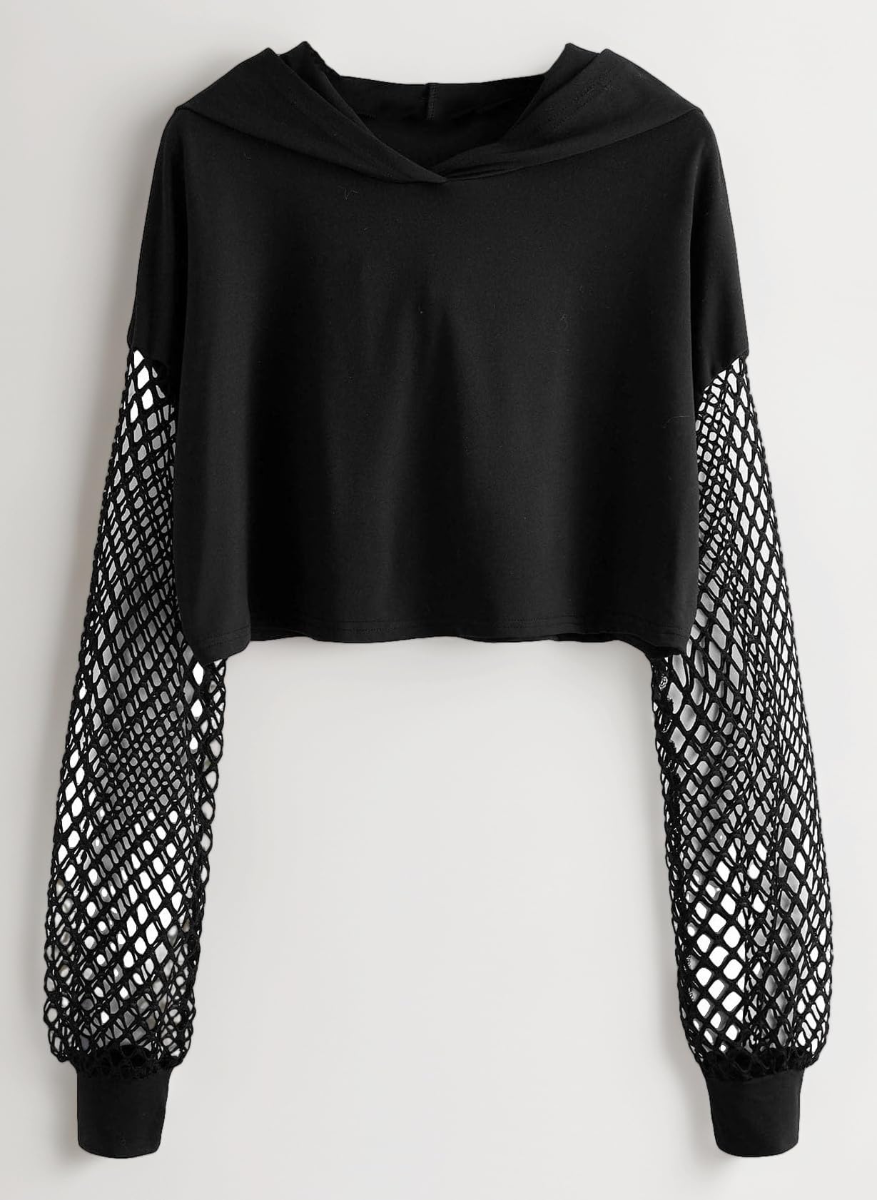 Women's Fishnet Mesh Hoodie Y2K Crop Tops Long Sleeve Hooded Sweatshirt Pullover Top