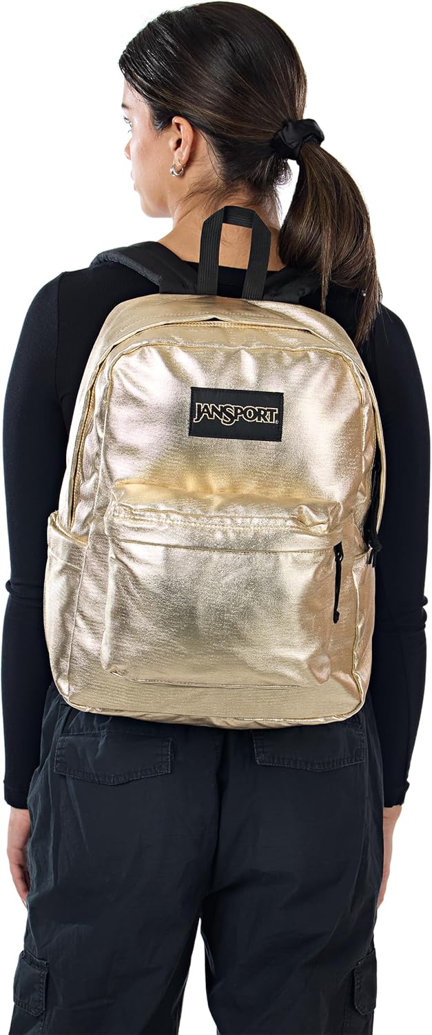 JanSport Superbreak Plus FX Backpack - Work, Travel, or Laptop Bag with Water Bottle Pocket - Surreal Shine​ Gold
