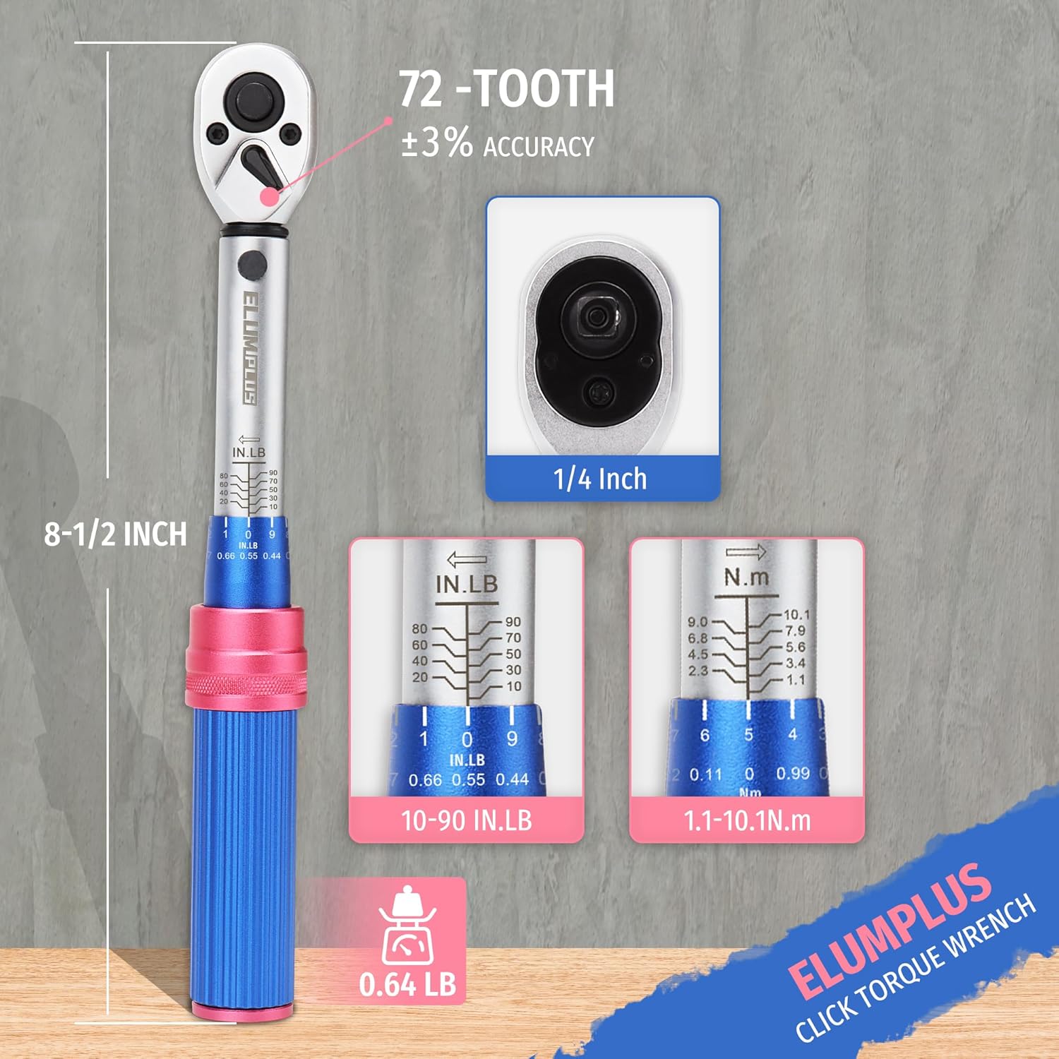 27PC Bike Torque Wrench 1/4 Drive 10-90 IN.LB (1.1-10.1NM), Click Torque Wrench with Hex/Torx/Philips/Slotted Bit Sockets, Portable Storage Case