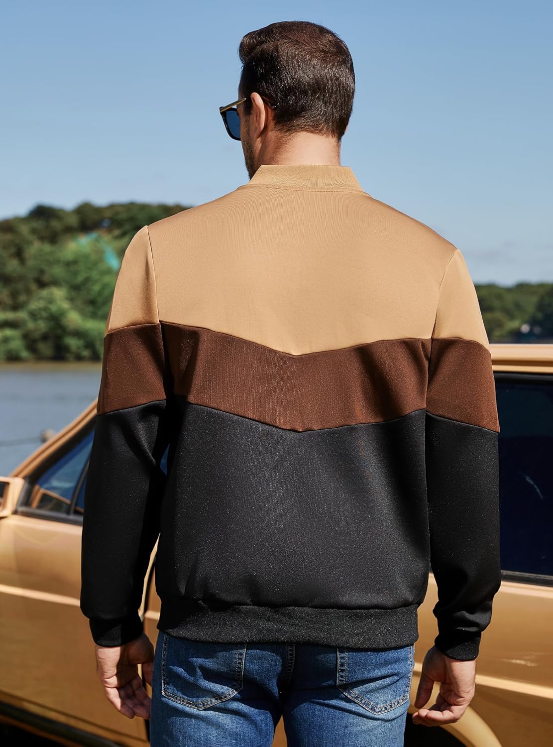 KAVIANA Men's Lightweight Varsity Jacket Casual Bomber Jacket Stylish Color Block Windproof Coat - Image 4