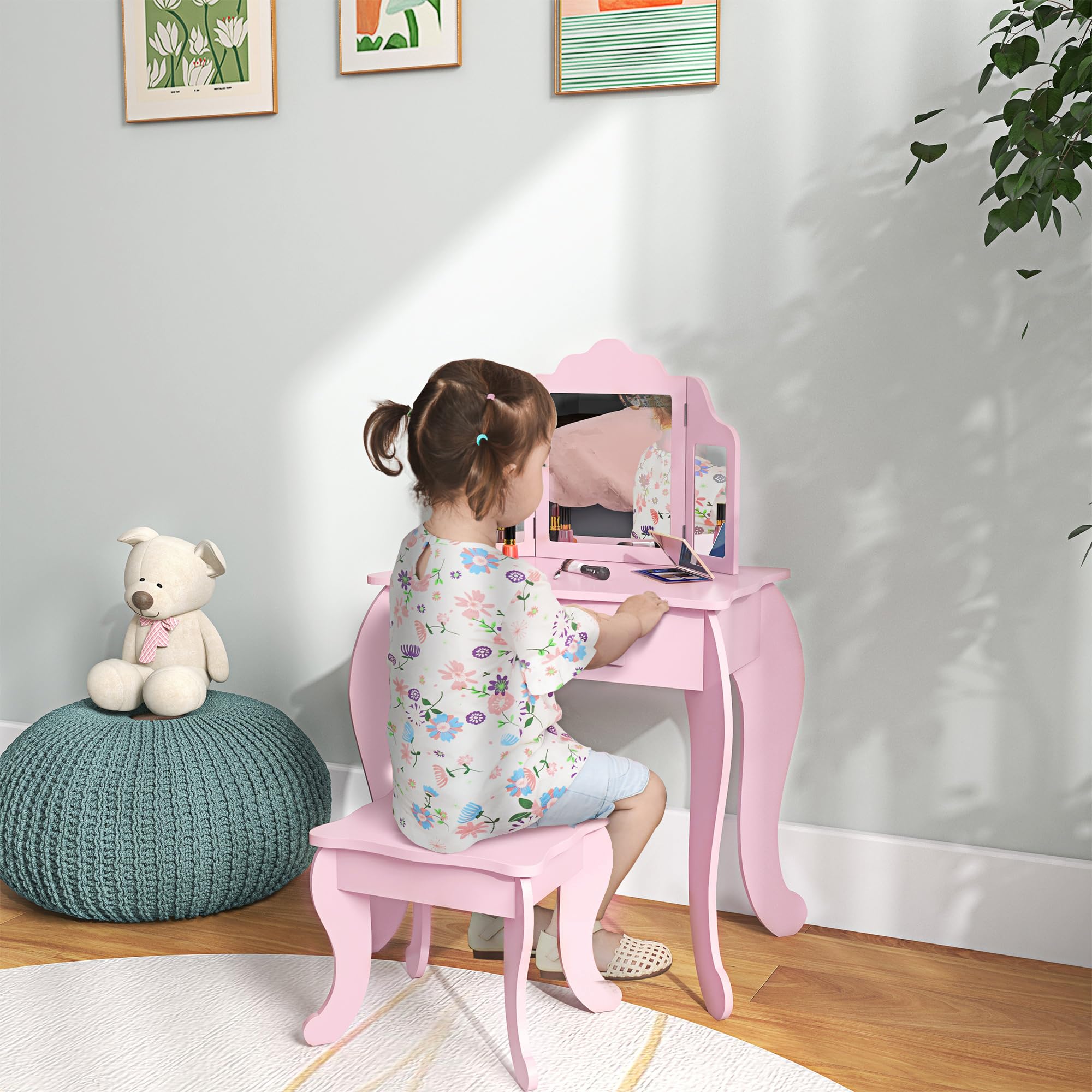 HOMCOM Tocador Infantil con Taburete y Espejo Ajustable, Tocador para Niñas con Cajón, Mesa de Maquillaje para Niños y Niñas de 3-6 Años, Rosa