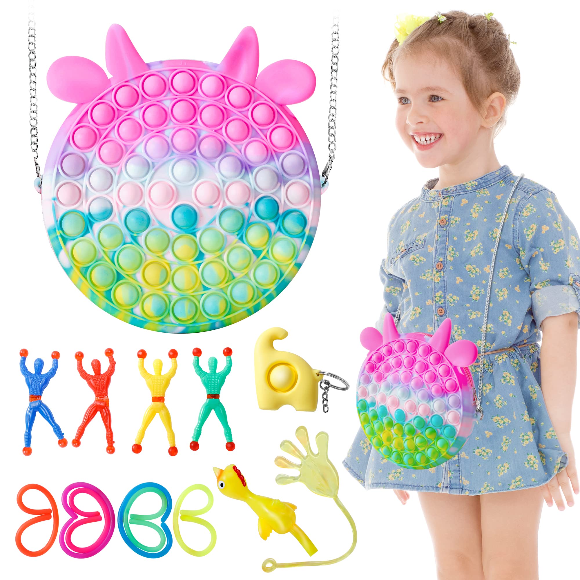 Pop Shoulder Bag Fidget Toys Pack, Rainbow Simple Pop Purse Bag Toy, Pop Bubble Push Fidget