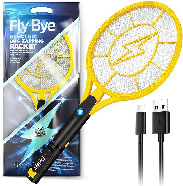 Fly-Bye Electric Fly Swatter - Large Powerful 4000v Bug Zapper Racket - USB Rechargeable, Bright LED, Mosquito Killer Racket - Fly Zapper Electric - Fly Killer - Insect Killer - Fly Swat