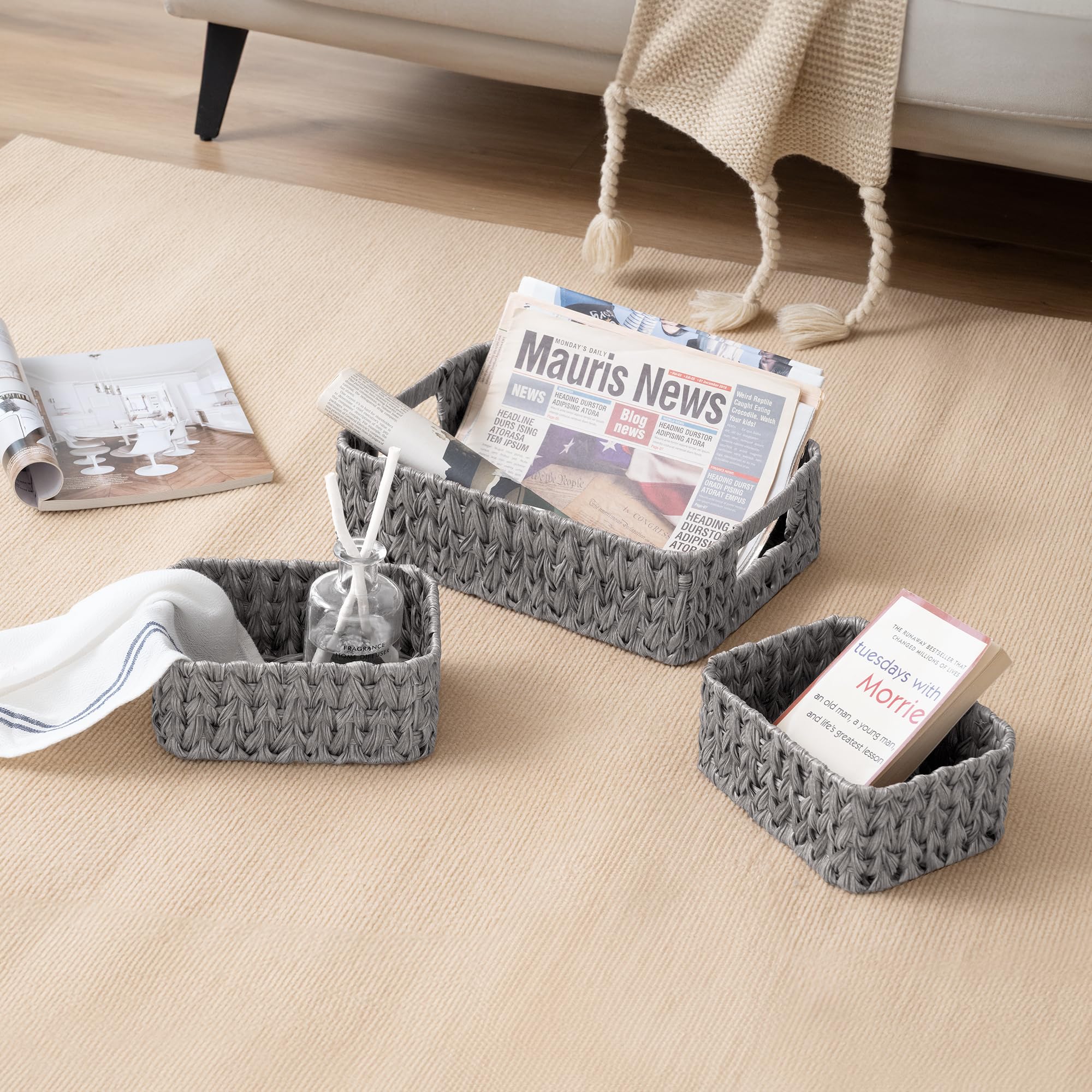 GRANNY SAYS Cestini Bagno Portaoggetti, 3 Pezzo Cestini Vimini, Ceste in Vimini da Scaffale Cestino Portaoggetti Bagno, Grigio