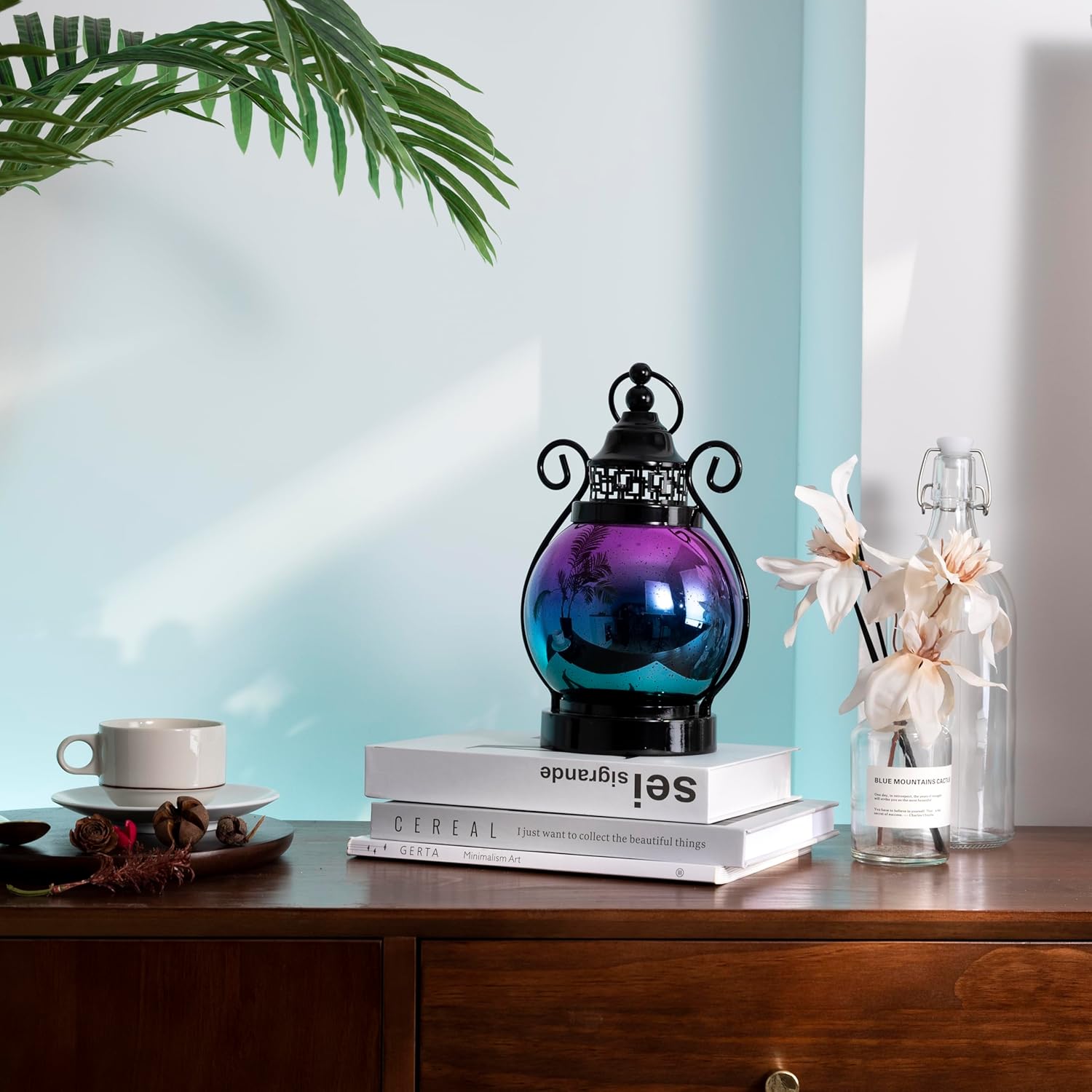 Valery Madelyn Moroccan Lanterns Decorative Indoor Color Changing, Hanging Ramadan Lantern Decorations for Home Lamp Gothic Decor, Mercury Glass Sphere Globe Light, 2 Timer Modes 10.5 inch