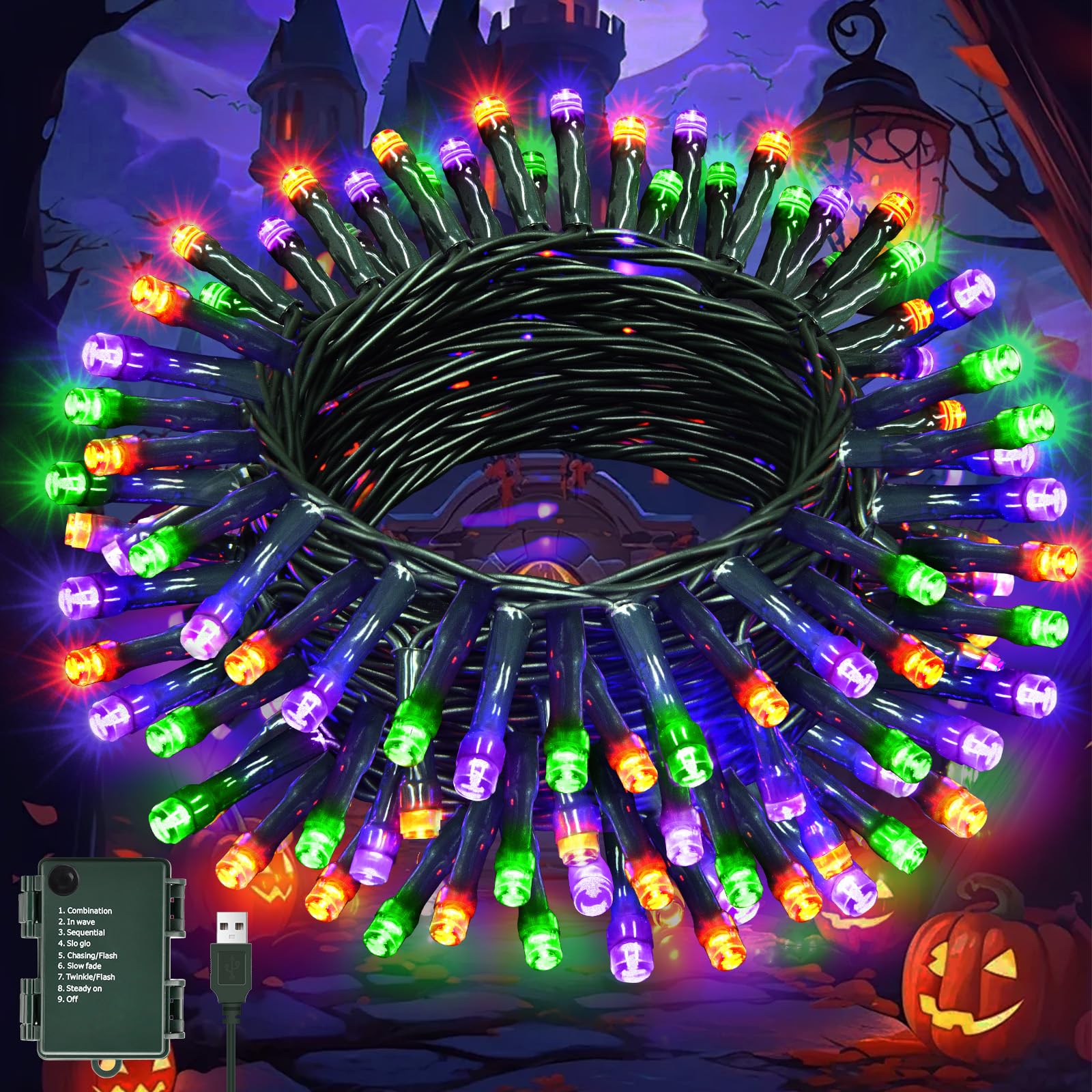 Lincentra Halloween Lights Outdoor 8 Modes 5M 50 LED with Timer, USB IP65 Waterproof Fairy Lights Battery Operated for Halloween Decorations, Purple&Orange&Green