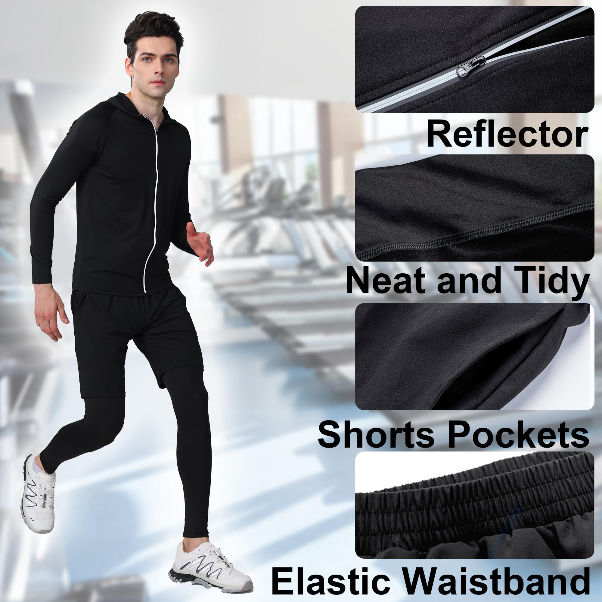 Herren Sport Fitness Set 5 Stück Kompressionsshirt Langarmshirt Sporthose Leggings Laufshirt Funktionswäsche Atmungsaktiv Schnelltrocknend Trainingsanzug für Running Gym Outdoor