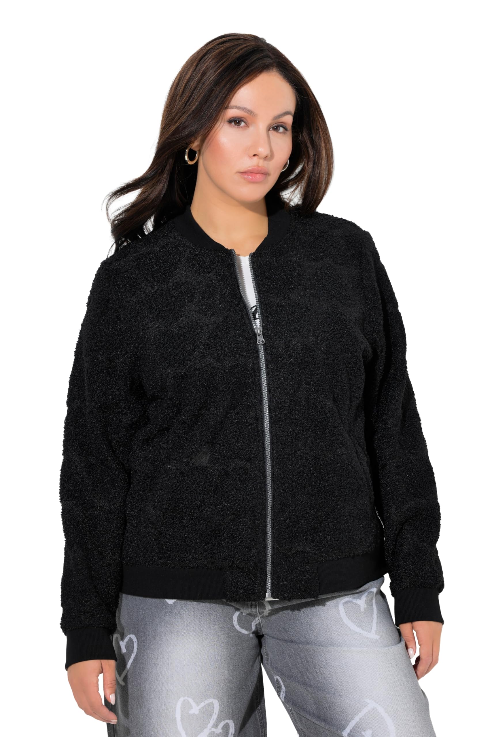 Ulla Popken Damen große Größen Übergrößen Plus Size Teddy-Blouson, Herzen, Collegekragen, Langarm 845262