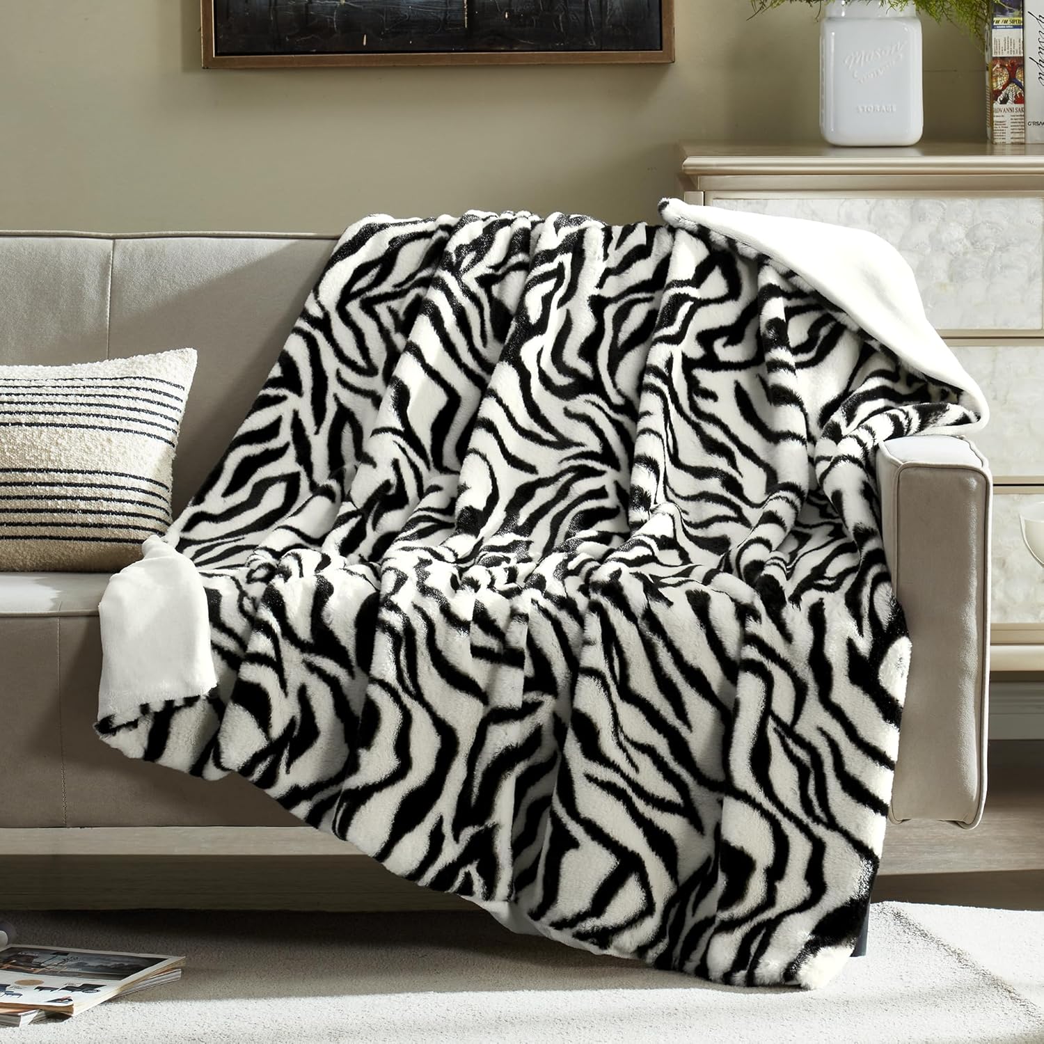 DREAMNINE Luxury Soft Fuzzy Zebra Faux Rabbit Fur Throw Blanket 50" x 60", Double Sided Thick Cozy Shaggy Fluffy Lap Blankets, Cute Warm Animal Printed Furry Blanket for Winter, Cream White and Black - Image 4