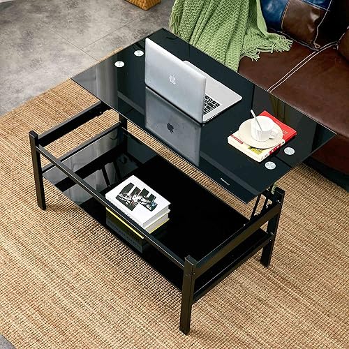 Mesa de centro elevable con estante de almacenamiento, mesa de centro de almacenamiento abierta de 2 teir, mesa de café de vidrio templado y marco