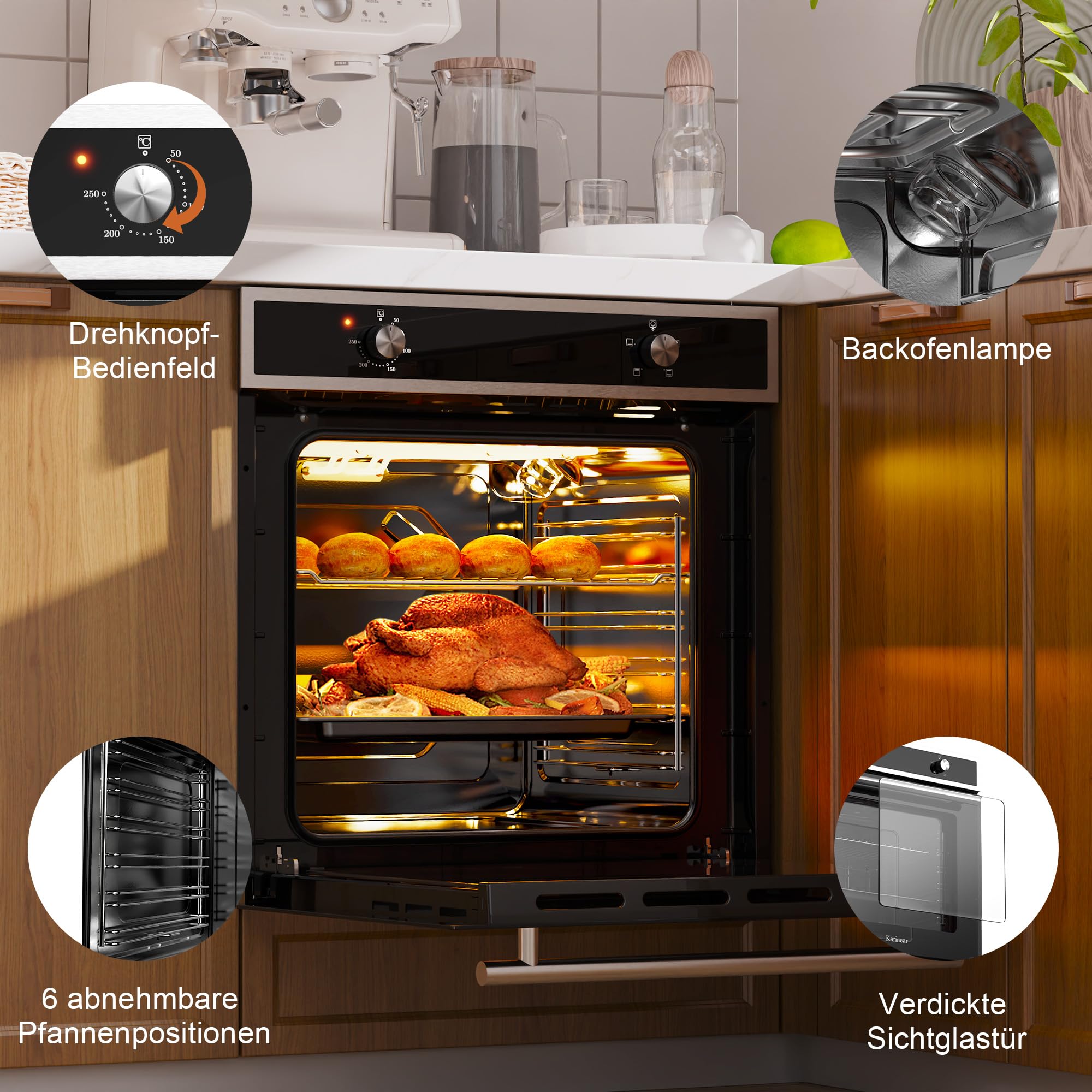 Karinear Einbaubackofen 60 cm 65L mit Stecker, 4 Programme, 2200W, Schwarz | 65L Einbaubackofen mit 4 Programme, Backofen 230v für Steckdose, 2200W , 50–250°C Temperatur und einfache Drehknopfsteuerung