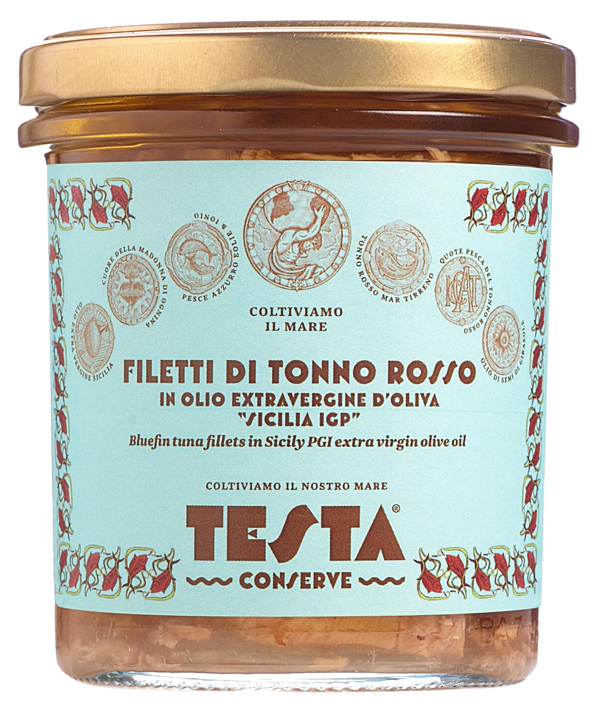 Bluefin Tuna Fillets in Extra Virgin Olive Oil - Testa Conserve, Sicily, Italy - in a glass jar of 11.2oz