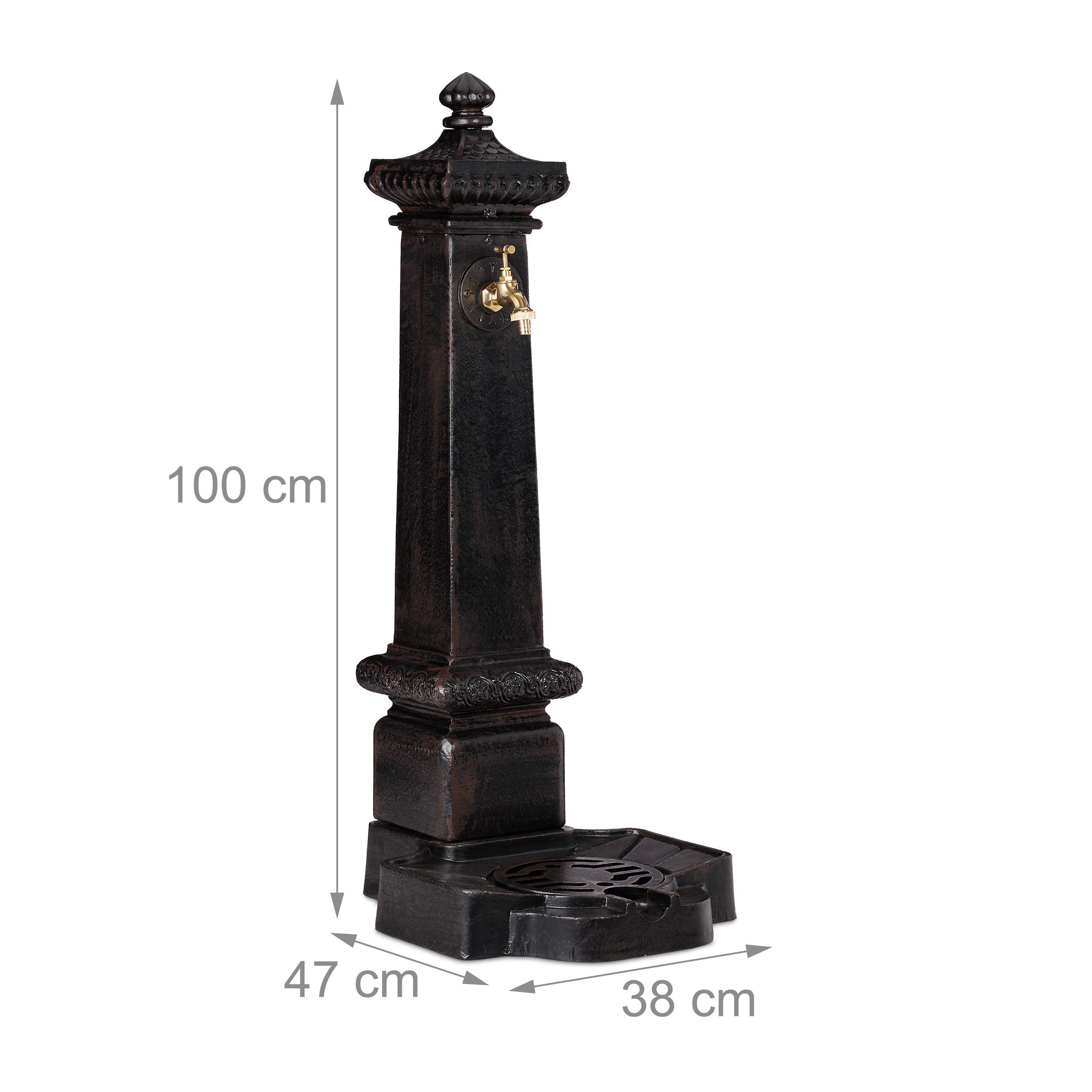 Relaxdays Standbrunnen XXL, Wasserzapfstelle in Antik-Stil, Säule mit Wasserhahn & Becken, 100 x 38 x 47 cm, dunkelbraun, Braun / Bronze / Kupfer