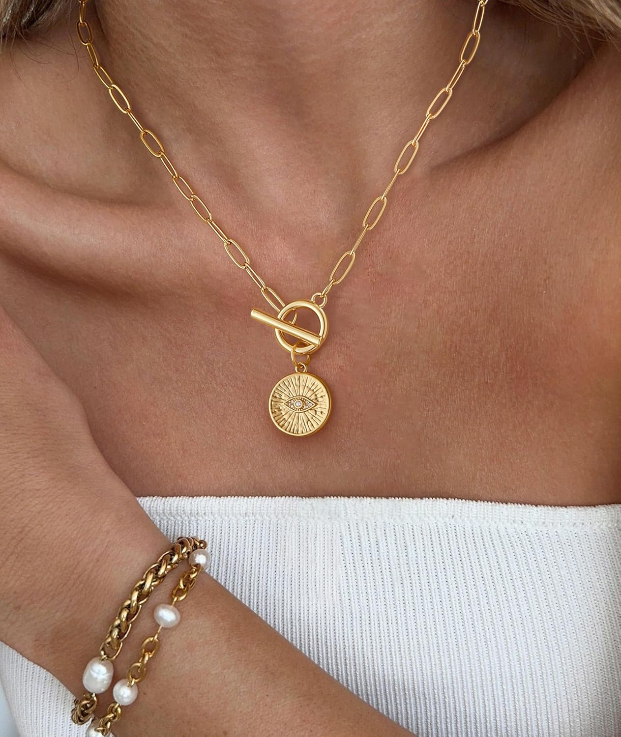 Chunky Gold Necklace for Women Trendy Non Tarnish 14K Gold Plated Statement Paperclip Chain Charm Necklaces Cross Pearl Heart Evil Eye Clover Spiral Pendant Necklace Birthday Gifts for Women Jewelry - Image 3