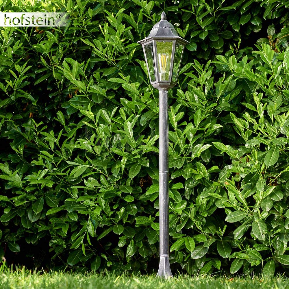 HOFSTEIN Außenstehleuchte Lignac, Außenwegeleuchte aus Metall/Glas in Schwarz/Silber/Klar, Wegeleuchte im Antik/Retro/Vintage-Design für Garten, Außenbereich, Hof, 118 cm, E27, IP44,