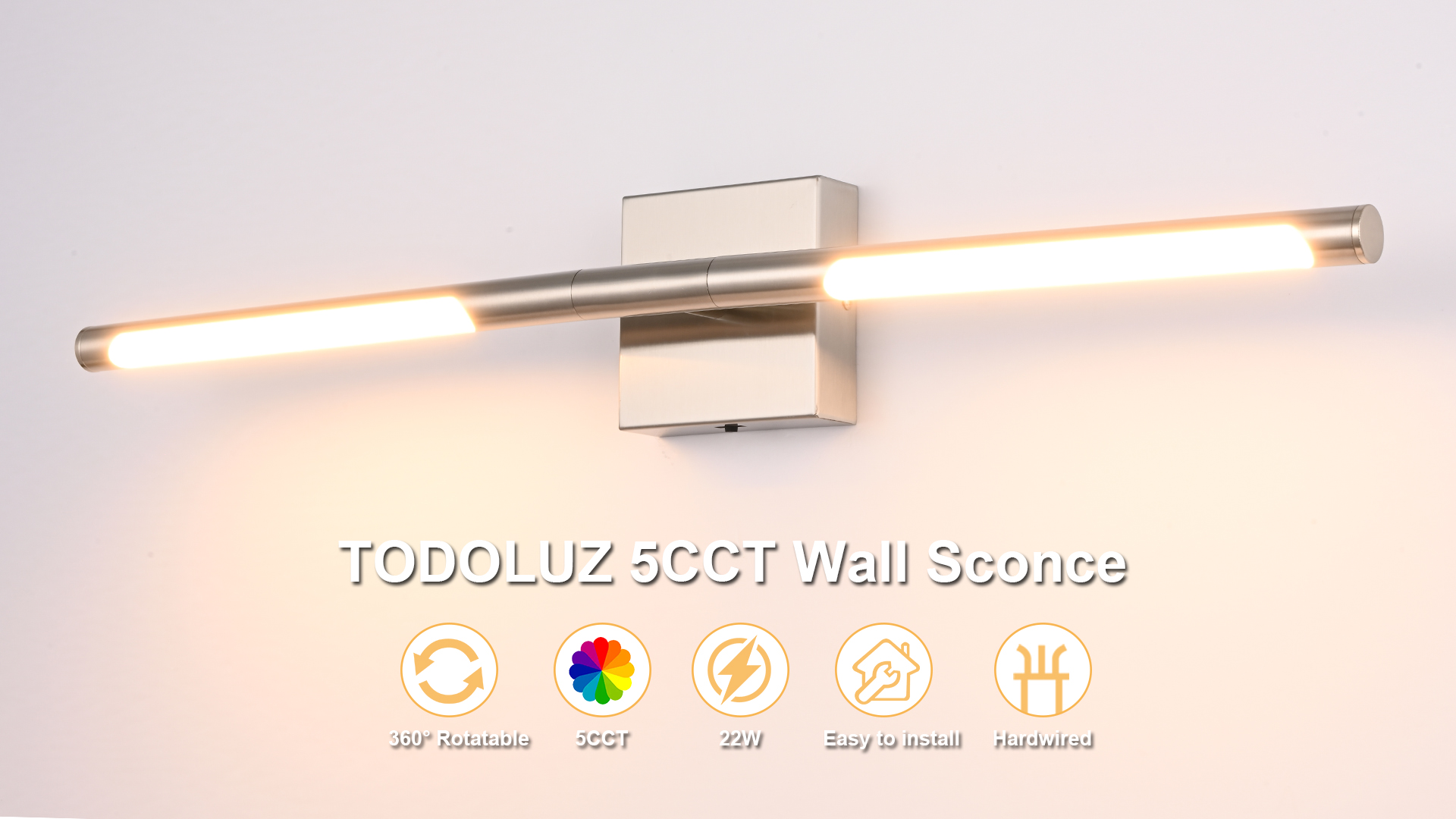 Image of TODOLUZ 36-Inch 5CCT 20W LED Bathroom Light Fixture, Modern Brushed Nickel 2700K-5500K Vanity Lighting Wall Sconce with Rotatable Lamp Tube