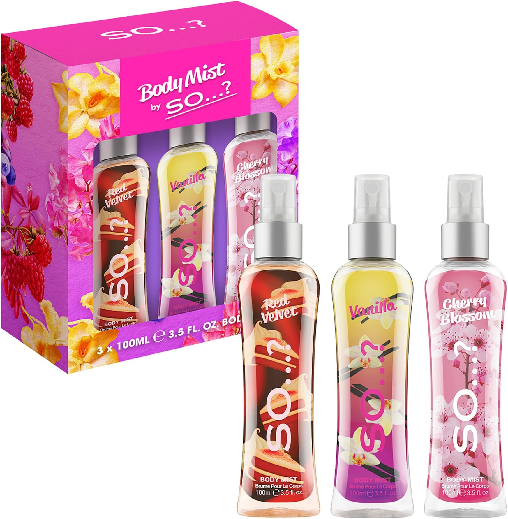 SO…? Body Mist Luscious Trio Womens Body Mist Gift Set, with Red Velvet, Vanilla, & Cherry Blossom, Fragrance Spray Set (3x100ml)