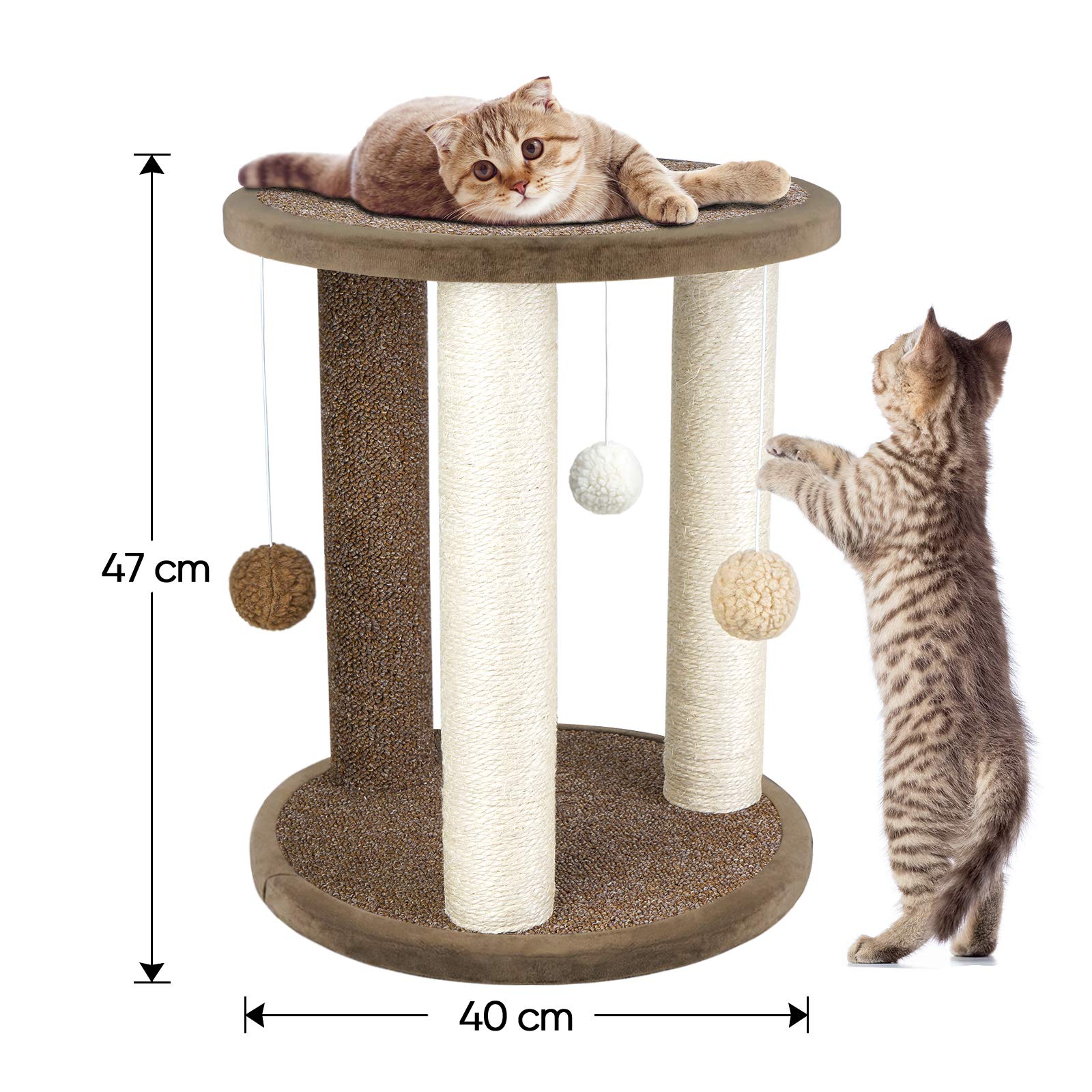 Aibuddy Tiragraffi per gatti, torre tiragraffi con 3 pali tiragraffi, area giochi con base in moquette e posatoio (giocattoli interattivi per gatti, palla pendente, montaggio orientale, 40 x 40 x 47
