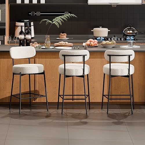 DYHOME Bar Stools Set of 3, White 24 Inches Boucle Barstools Counter Height Barstool with Curved Back Metal Legs, Modern Upholstered Barstools for Kitchen Island, Cafe