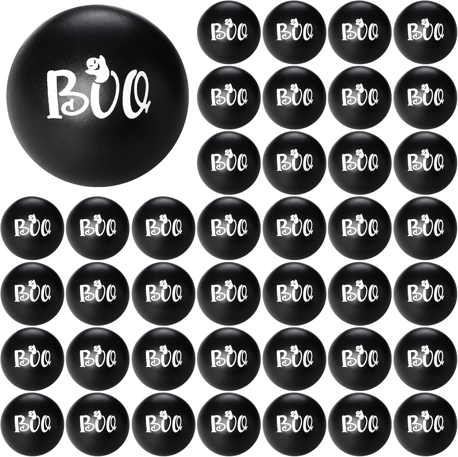 Realspring 40 Pieces Halloween Stress Balls Bulk 1.57 inches Mini Relieve Stress Squeeze Balls for Treat Bag Filler Party Favors Carnival Class Rewards Gifts(Black,Boo)