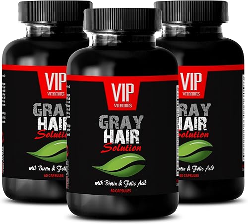 VIP VITAMINS Energy Pills - Solución para cabello gris - con biotina y ácido fólico - óxido de zinc - 3 botellas (180 cápsulas)
