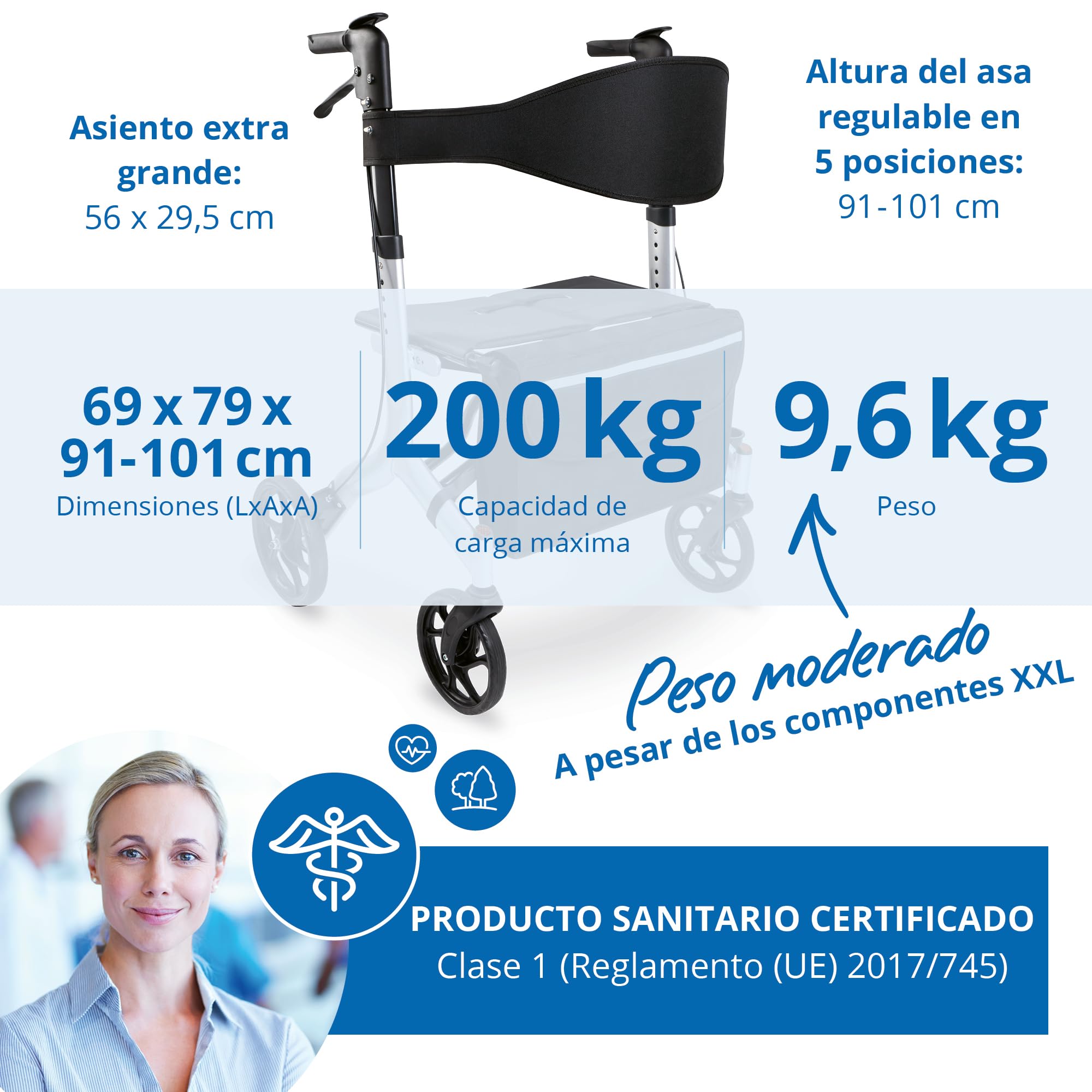 Weinberger Andador XXL de aluminio, estable hasta 180 kg, dispositivo médico clase 1, certificado SGS, plegable, altura ajustable, plegable, estable, 02262