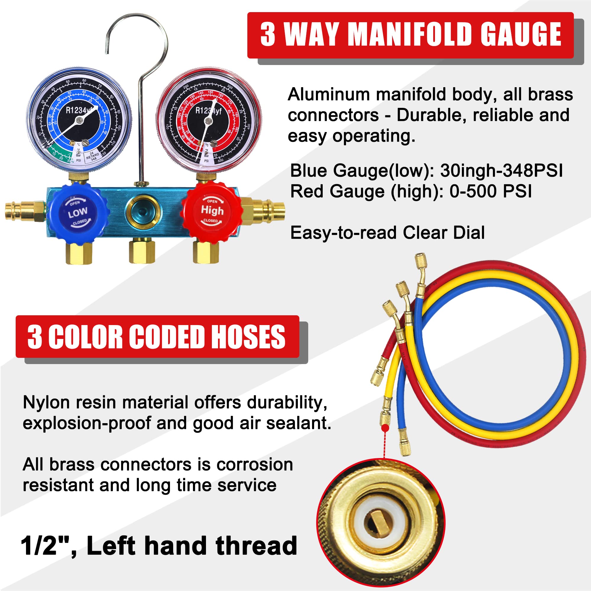 AutoWanderer Tool R1234yf AC Gauges, 3 Way 1234yf AC Manifold Gauge Set