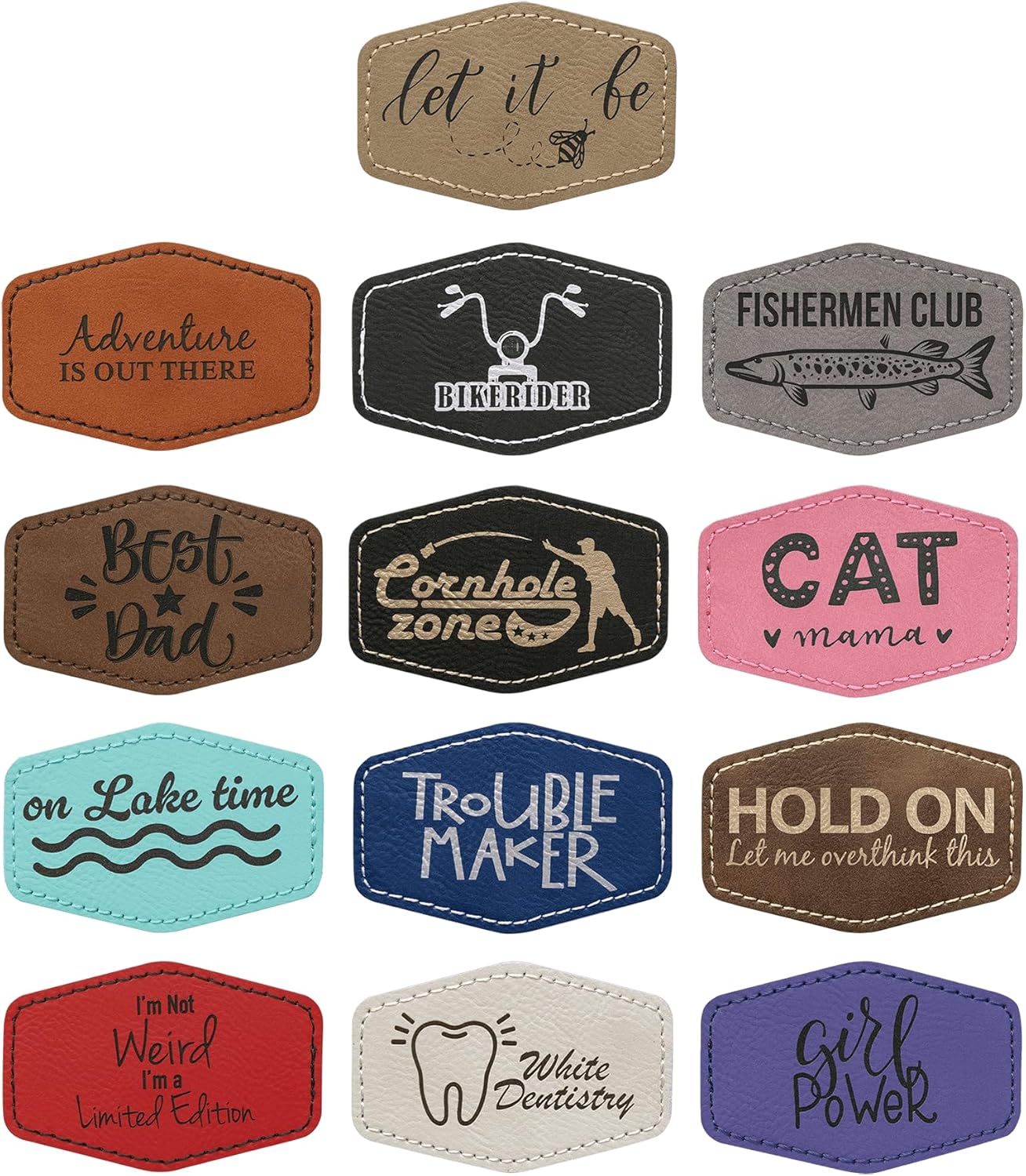 Hexagon Laserable Leatherette Patch with Adhesive, Hex Blank Hat Patches, Glowforge Laser Supplies, Faux Leather, 10 Pack (3.5" x 2.5", Rawhide)