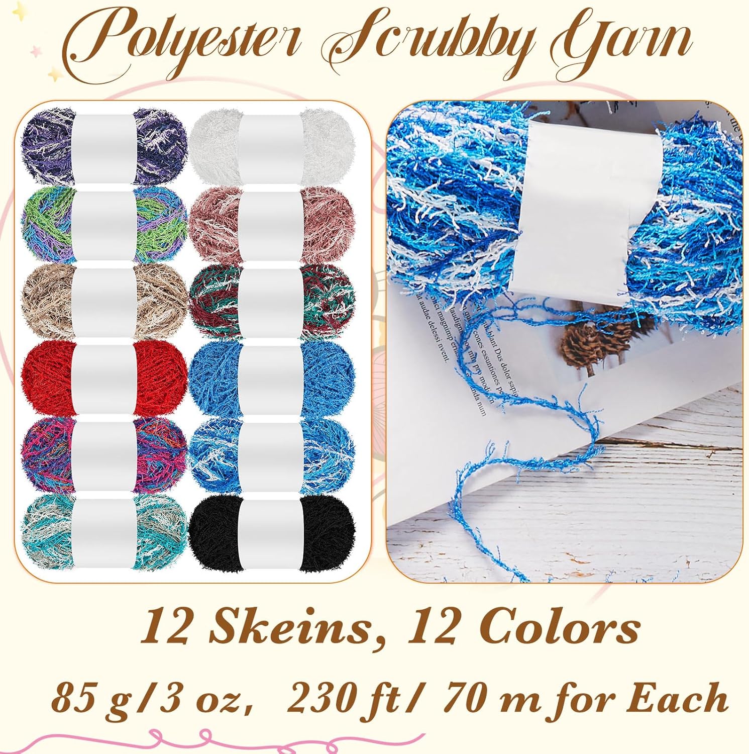 Amylove 12 Skeins Scrubby Yarn 230 Ft/ 76.7 Yard, 3 oz Assorted Colors Scrubby Stripes Polyester Scrub Yarn for Knitting Weaving Crochet Craft Project