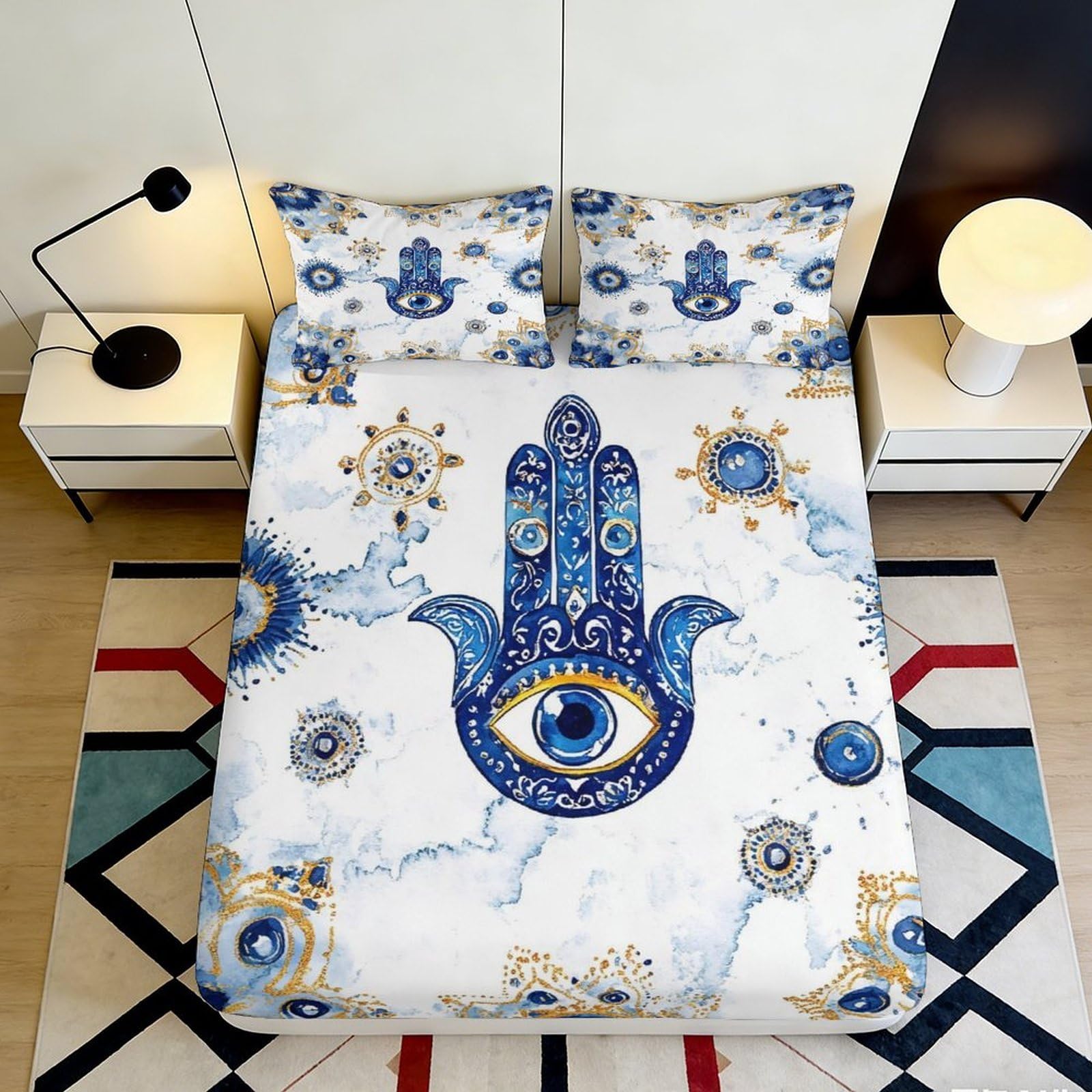 3D Printed Hamsa Hand Fitted Sheet Microfiber Blue Mandala Eye Mattress Cover for Bedroom Guest Room Decor, Non Slip Washable 90x200x25cm