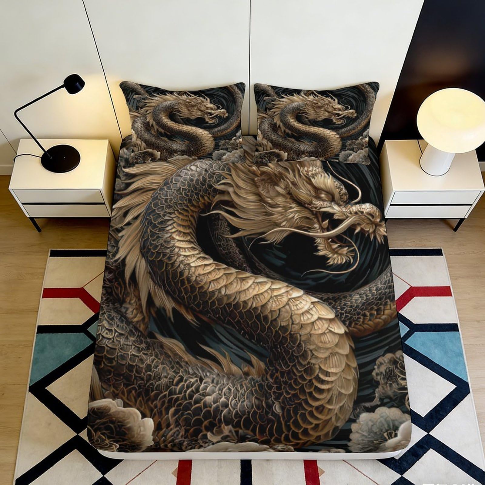 3D Printed Golden Dragon Fitted Sheet Microfiber Soft Anti-Slip Black Oriental Bed Cover for Bedroom Dorm Mattress Protection Decor 200x200x25cm