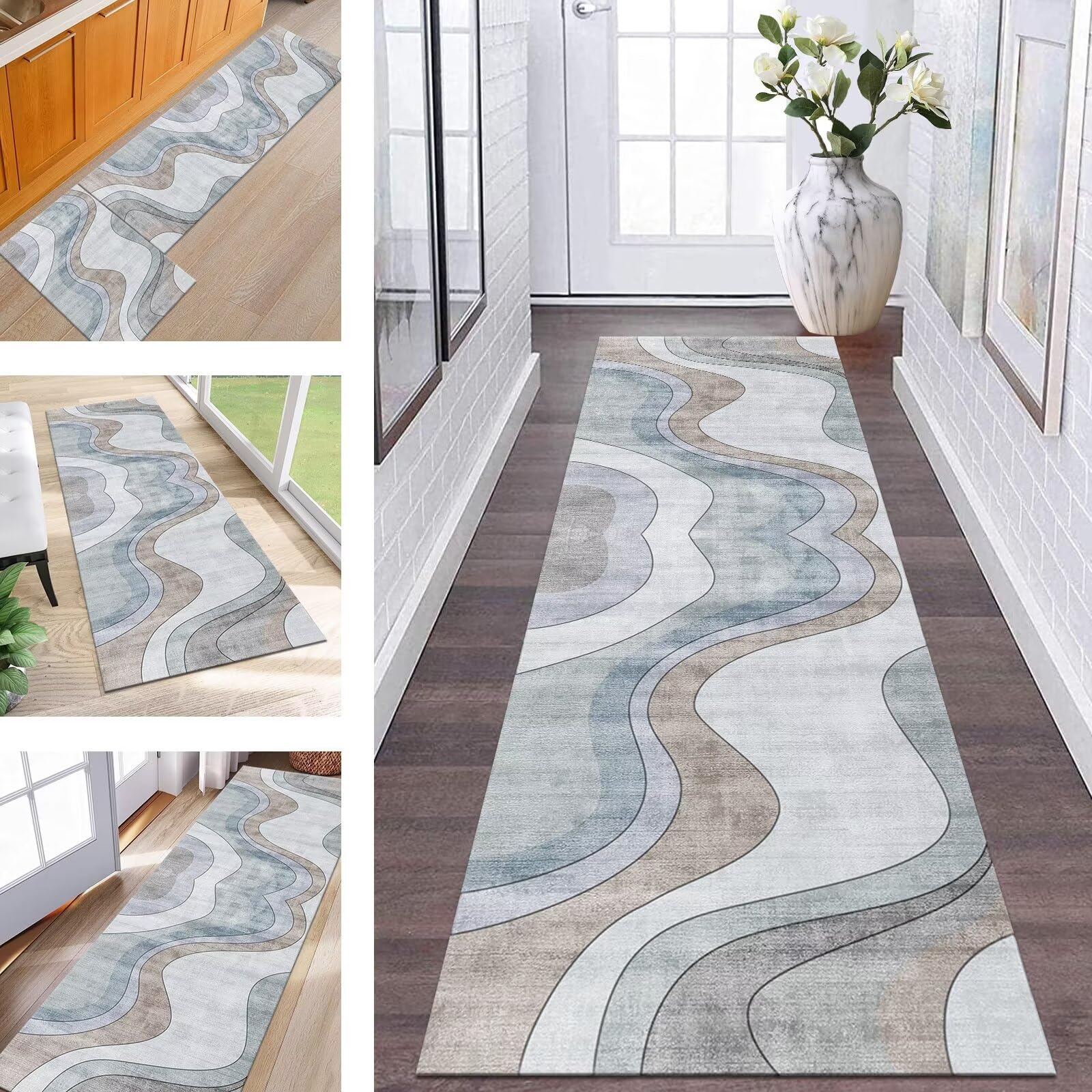 Tapis de couloir abstrait marron bleu vert 70x350 cm lavable