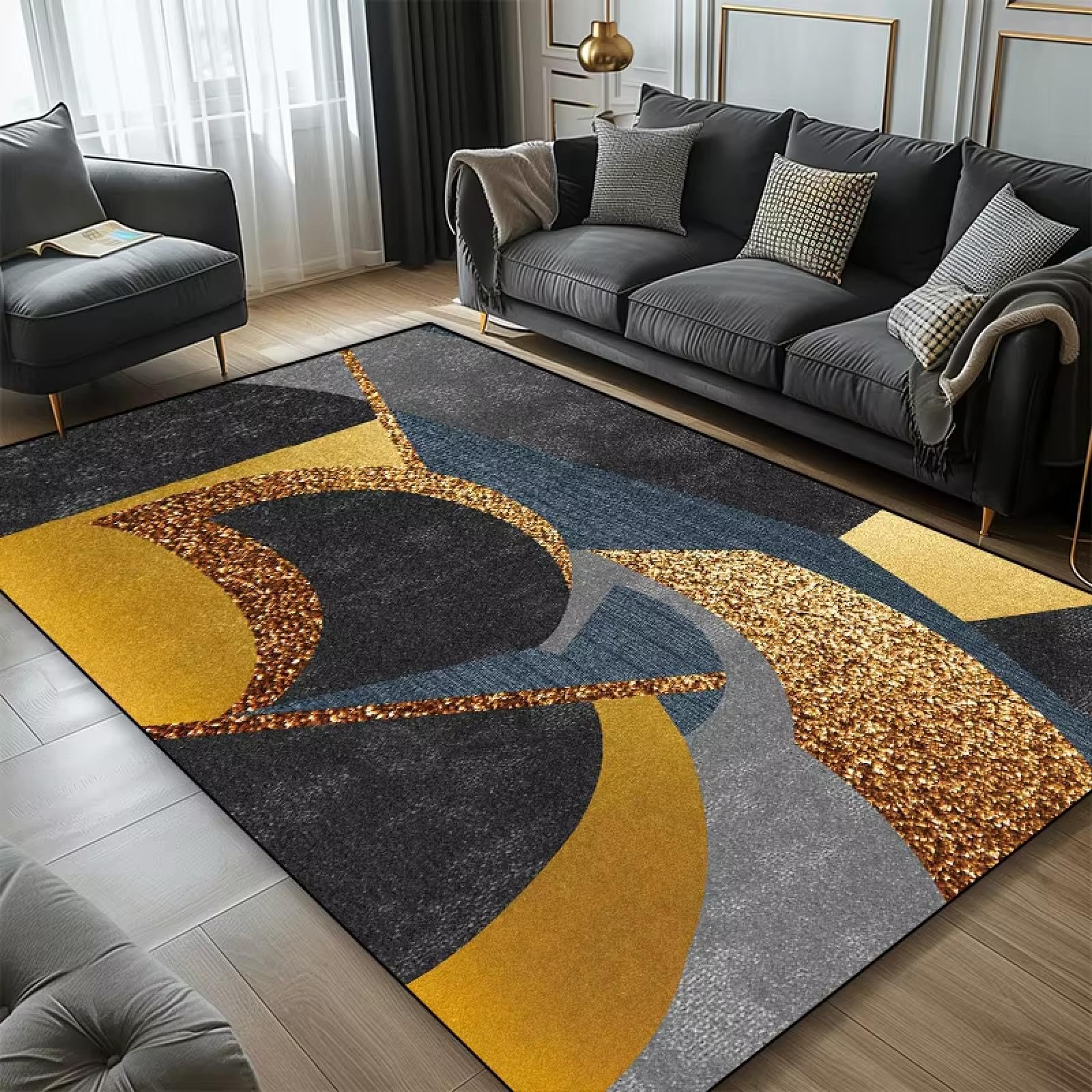 Tapis noir doré antidérapant grande surface pour table basse de salon