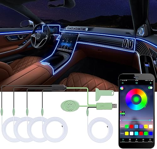 Tira de luces LED 5 en 1 para automóvil con control de aplicación, luces interiores para automóvil, kit de iluminación LED ambiental con colores