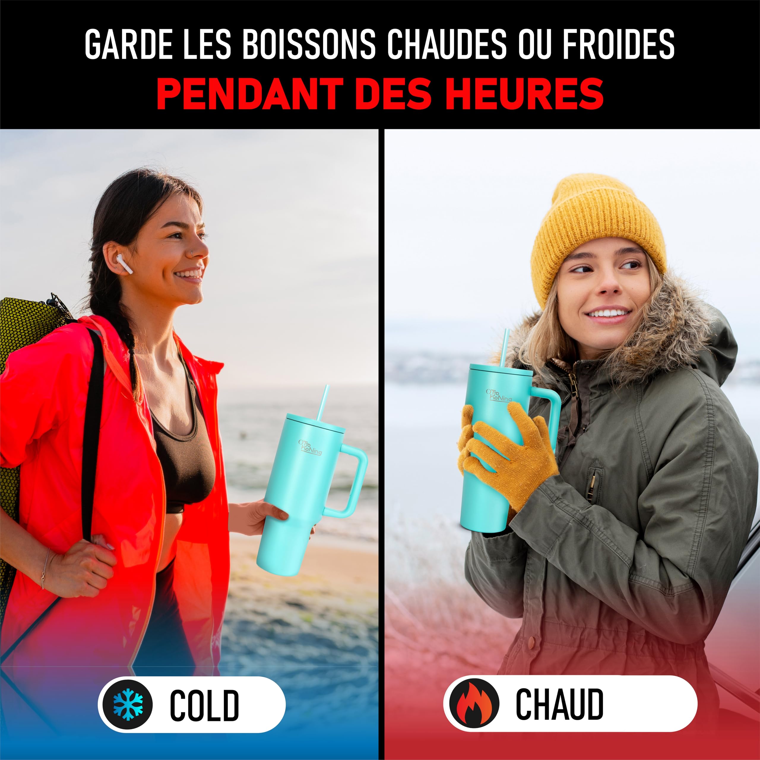 Otto Koning Gourde Isotherme 1.2L Acier Inox – Mug Avec Paille & Poignée, Sans BPA, Chaud/Froid 12h+, Idéal Sport & Bureau