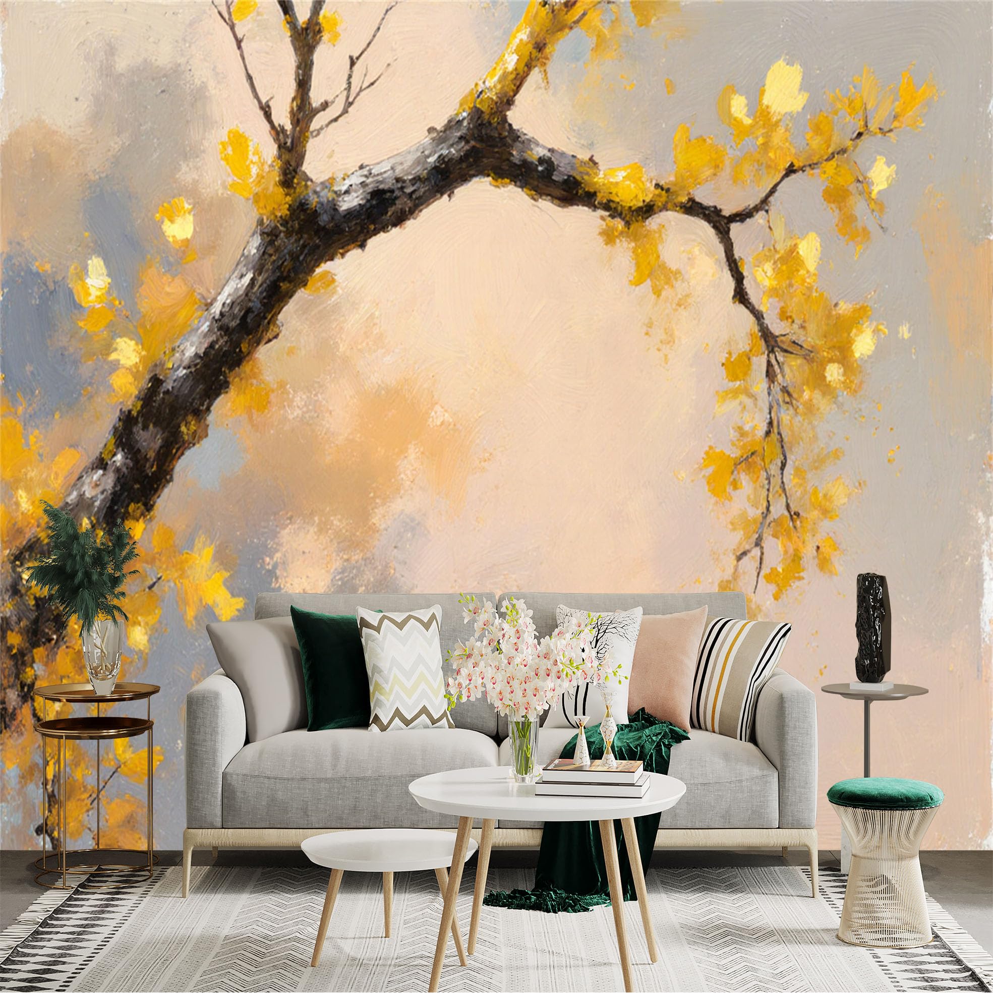 Custom Size Wall Sticker Mural， Impressionist Autumn Tree Branch with Golden Leaves， Abstract Painting Style， for wall Decoration， peelandstick wall Decals.